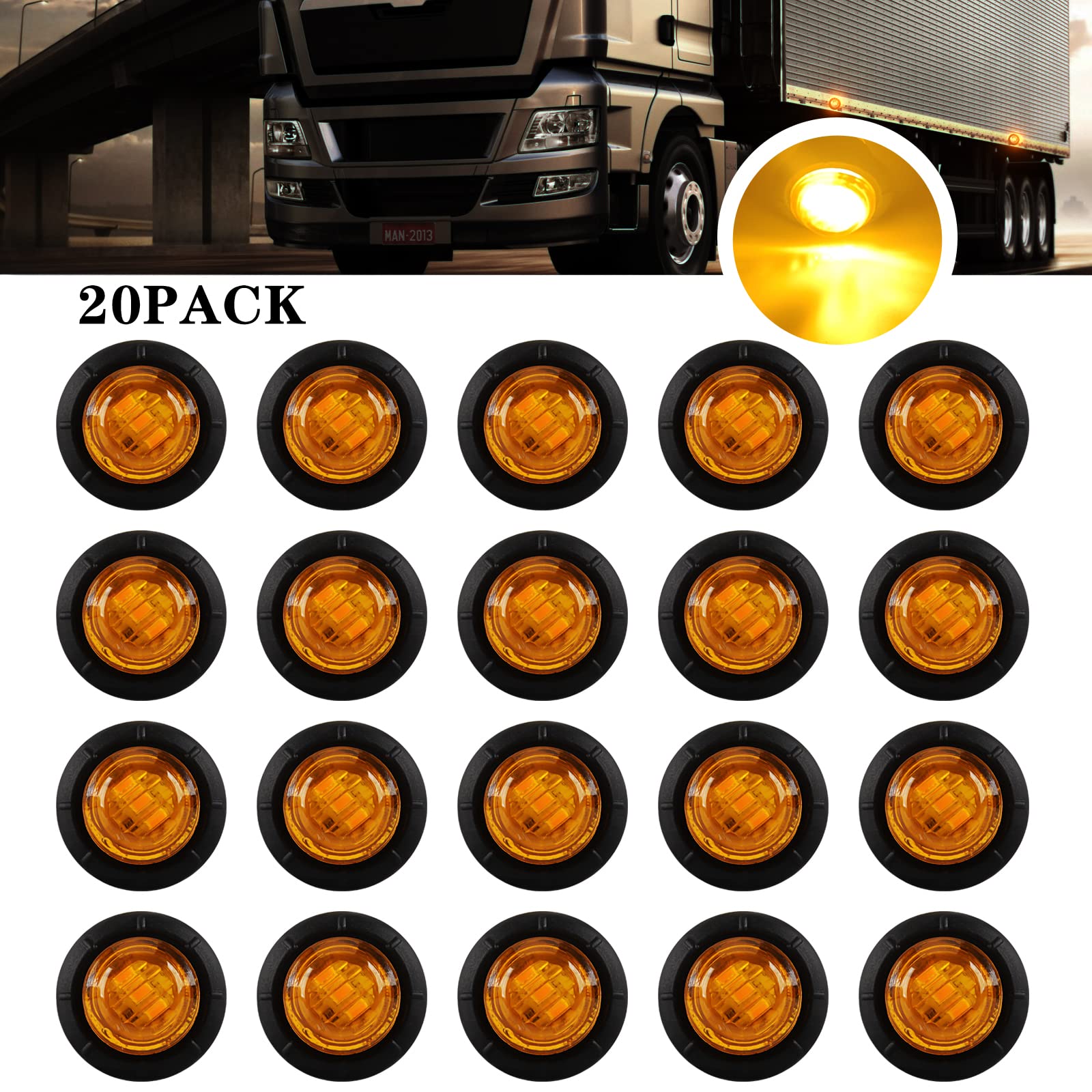 Sidaqi3/4" Round Amber LED Front Rear Side Marker Indicators Light 12V Waterproof Clearance Marker Light Trailer Side Marker Light for Trailer, Truck, Car, RV (Pack of 20)
