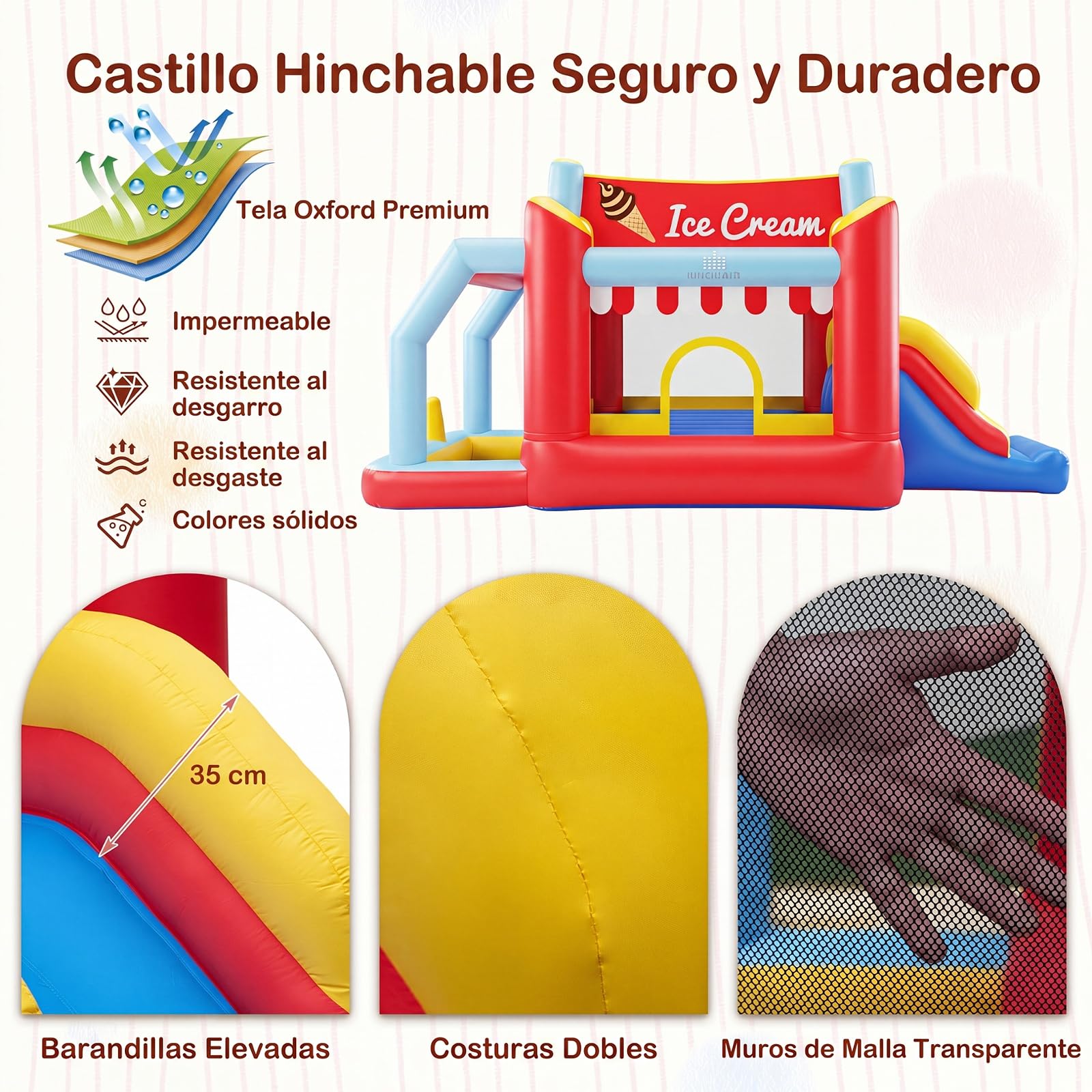 COSTWAY Castillo Hinchable para Niños, Casa de Juegos Inflable con Tobogán, Zona de Rebote, Paredes de Malla, Barandilla, Piscina de Bolas, Bolsa de Transporte, Castillo para 3-12 Años, sin Soplador