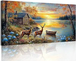 crmotu Rustic Deer Landscape Wall Art, Lake Cottage Pastoral Large Artwork, Nature Autumn Scenery Canvas Prints, Rural Sunset Wall Pictures for Living Room Bedroom Farmhouse Bathroom Decor 24X48 In