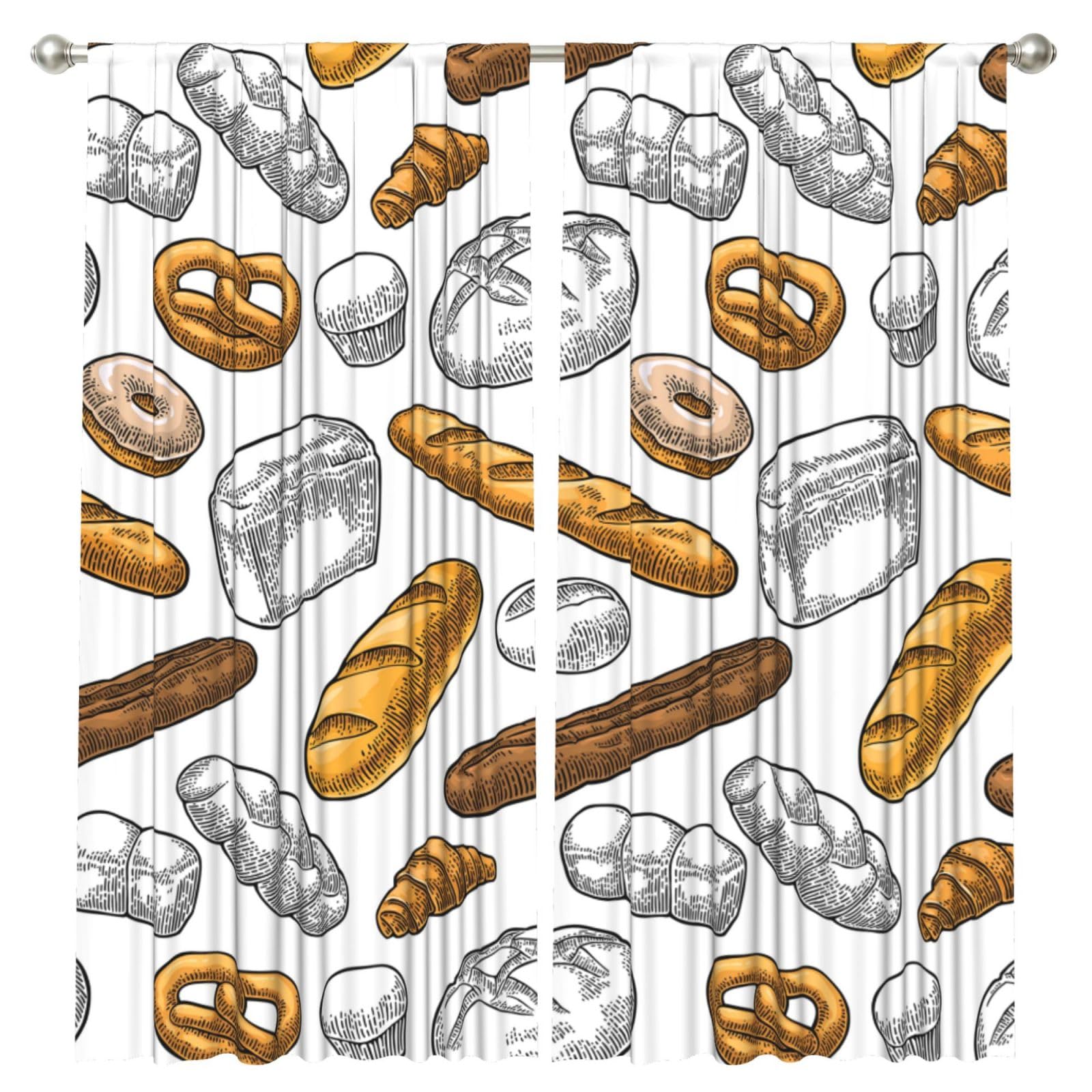 InOmak Bread Pattern On White, 2 Panels Window Curtains 52 x 84 Inch Blackout Curtains for Living Room Bedroom