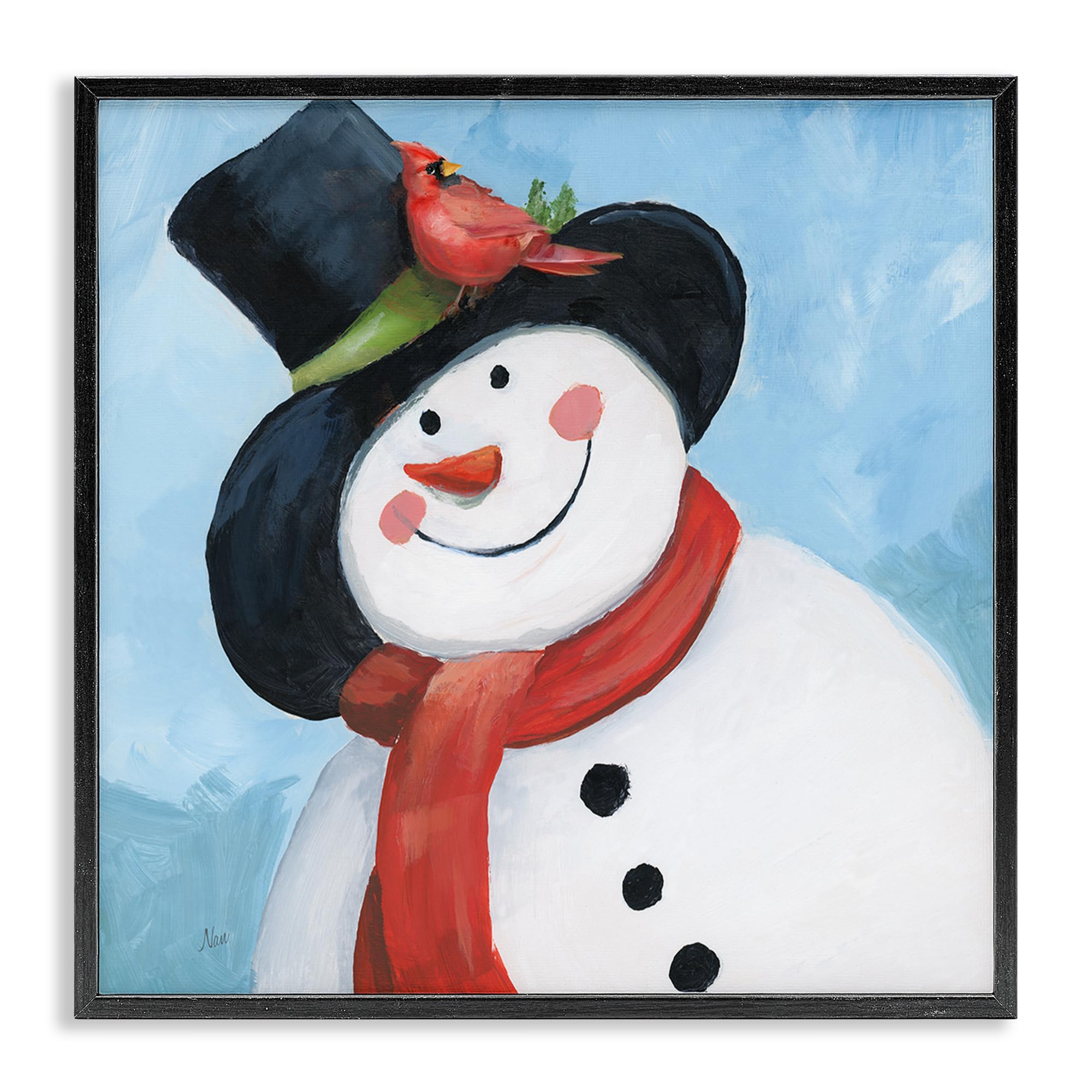 Stupell Industries Midnight Black (Textured) 'Cheerful Snowman With Cardinal', Framed Giclee Art, Black, 12 X 12 Inches, Easy To Hang And Sturdy, Made In Usa, By Nan