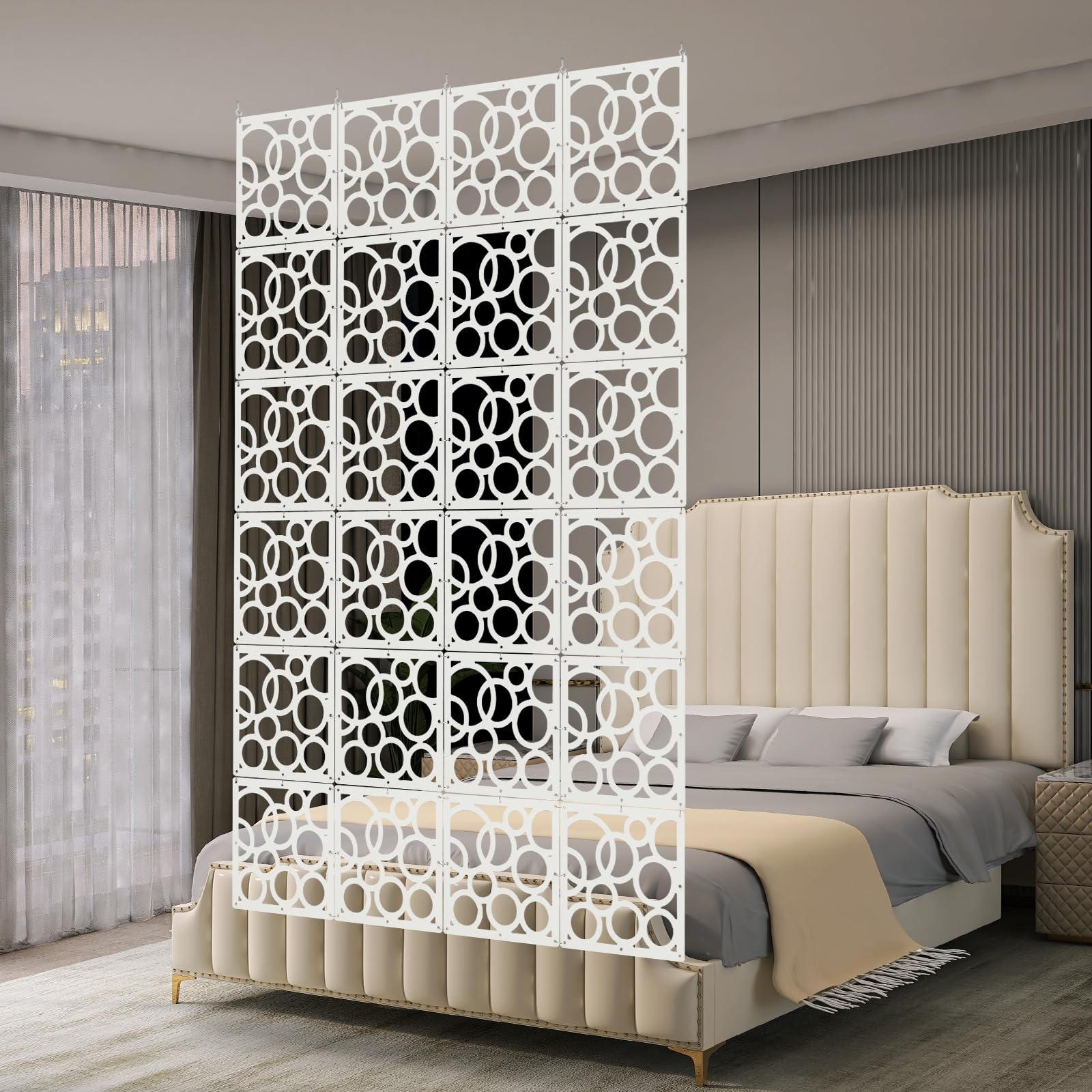 24PCS DIY Hängender Raumteiler Weiß, 29x29 cm (Modell C-Kreise) | PVC Hängesieb Raumteiler Paneele, Privatsphäre Raumteilerbildschirm für Zuhause, Hotel Dekoration