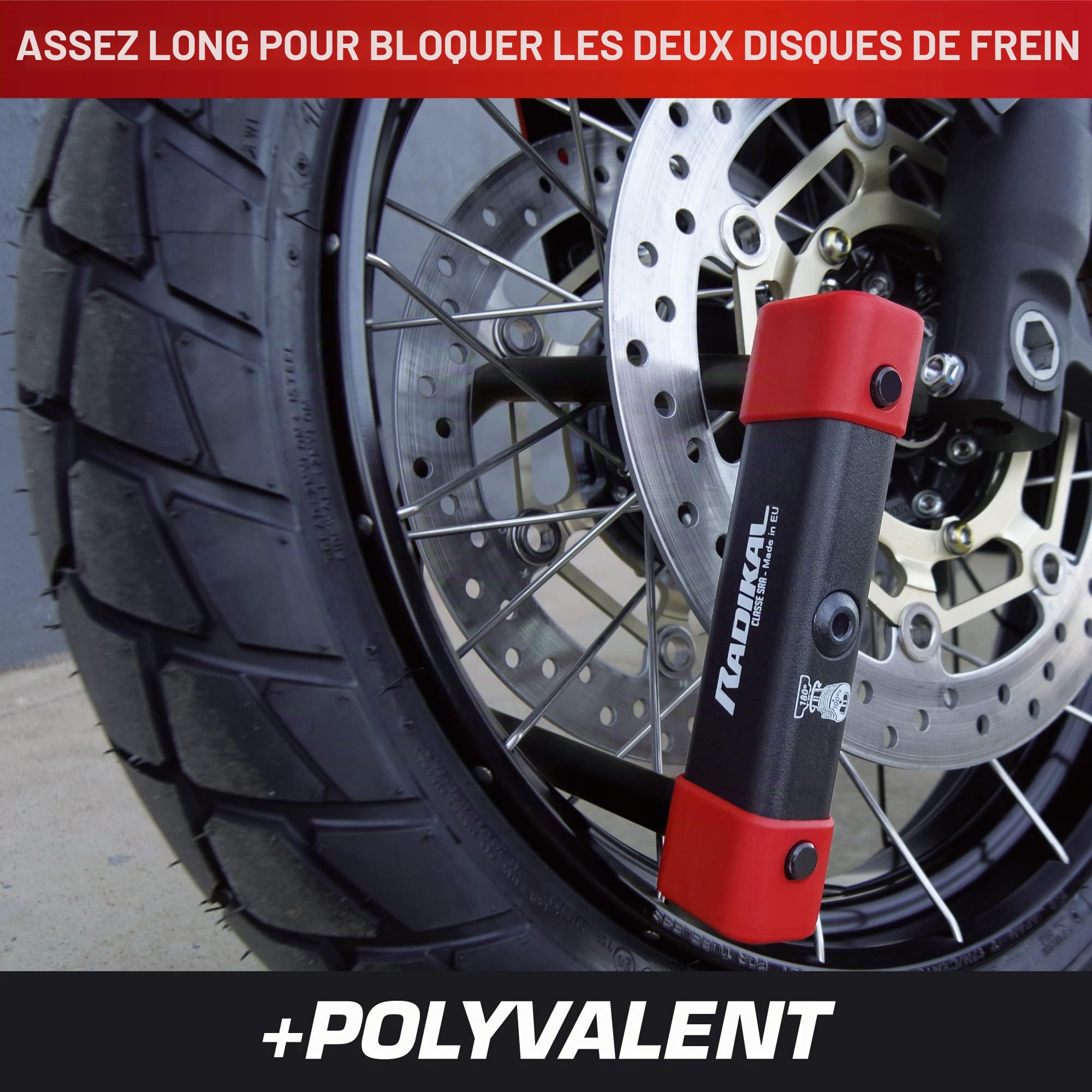 RADIKAL RK120220 Antivol Moto et Vélo Premium Homologué SRA, U Ø18mm en Acier Cémenté, Blocage Haute Sécurité, Double Verrouillage, Revêtement Protecteur, Antivol Vélo Électrique Scooter, 120x220mm