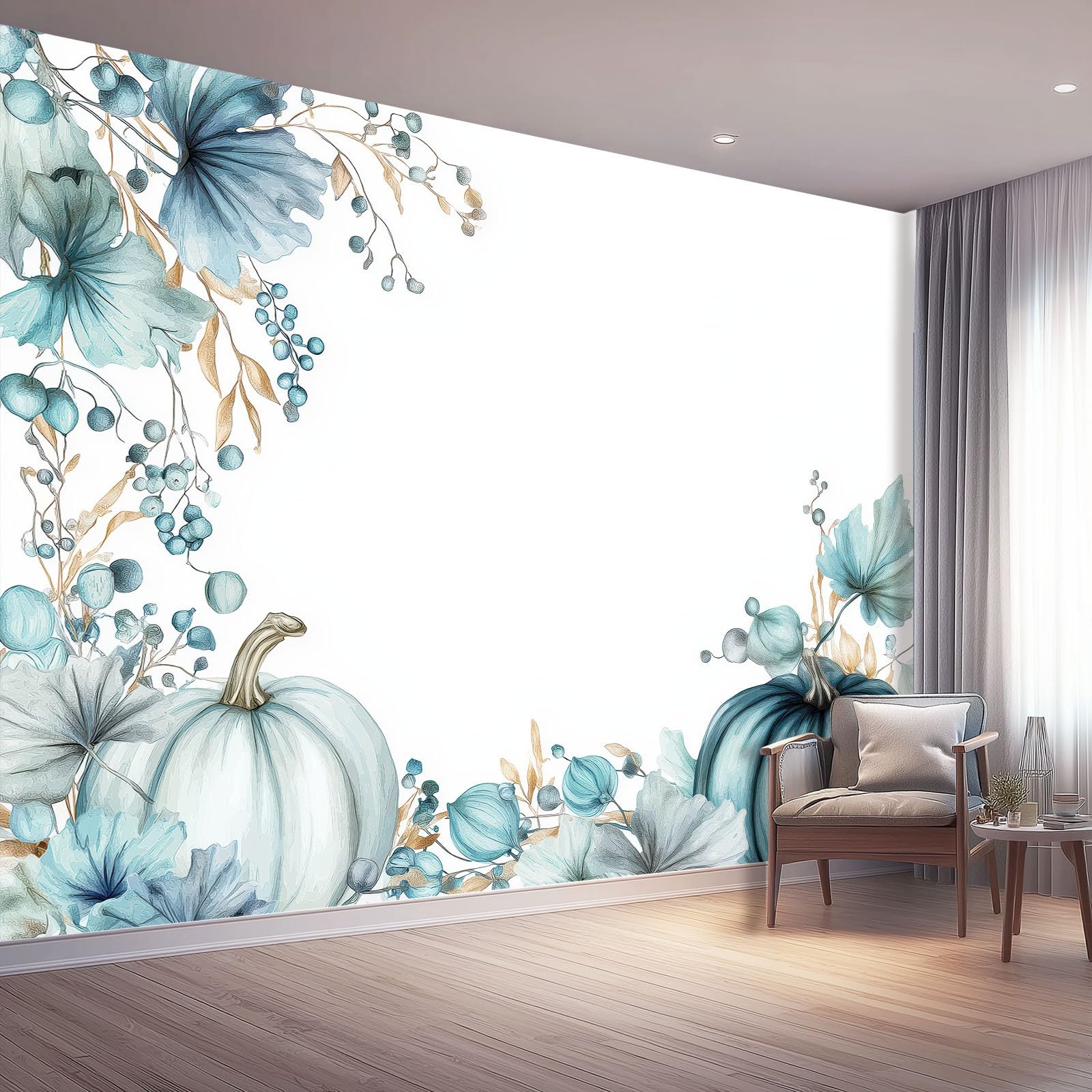 Panoramiczna tapeta jasnoniebieska biała fototapeta 350 x 256 cm, tapeta 3D akwarela liście liany dynia motyw kwiatowy fresk ścienny sypialnia salon dekoracja ścienna gigantyczny