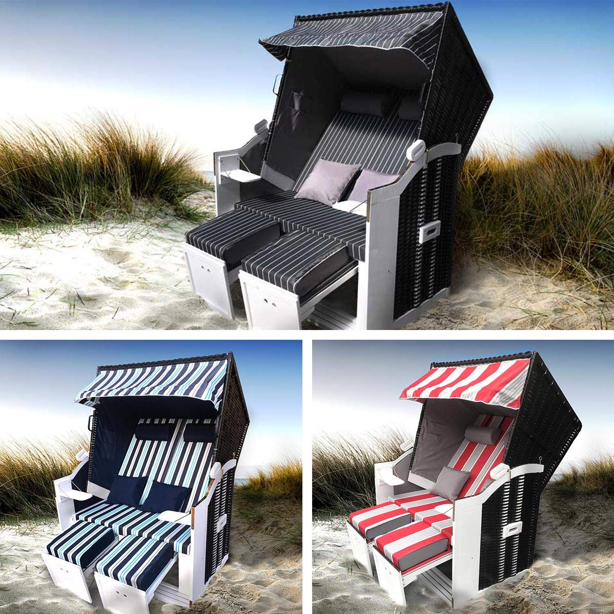 BRAST® Strandkorb Sylt XXL für 2 Personen 115cm breit mehrere Designs incl. wetterfeste Abdeckhaube verstellbare Rückenlehne Fußkissen Farbe Rot/Grau/Weiß gestreift