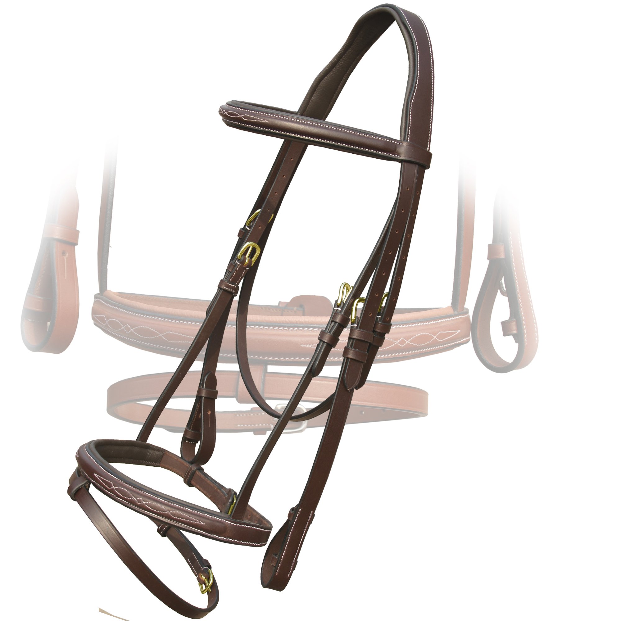 Exion - Briglie doppie imbottite in pelle con impugnatura in gomma PP e fibbie in ottone, set da equitazione con briglie imbottite, Havana (Choco Brown), Horse (Full)