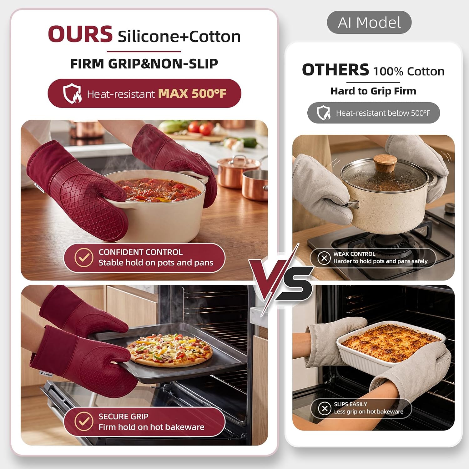 Oven Mitts and Pot Holders 4PCS Set, Kitchen Oven Glove High Heat Resistant 500 Degree Oven Mitts and Potholder with Non-Slip Silicone Surface for Cooking,Kitchen Essentials (RED)
