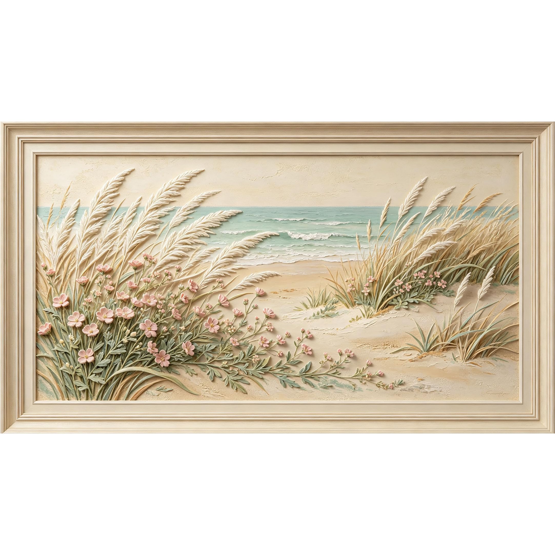 QZLITHOTIC 50×90cm3D Framed Wall Art， Coastal Sand Dunes Pink Flowers Self?Adhesive Mural， Water?Activated Peel & Stick Fabric Decor Wall Decal for Bedroom Living Room