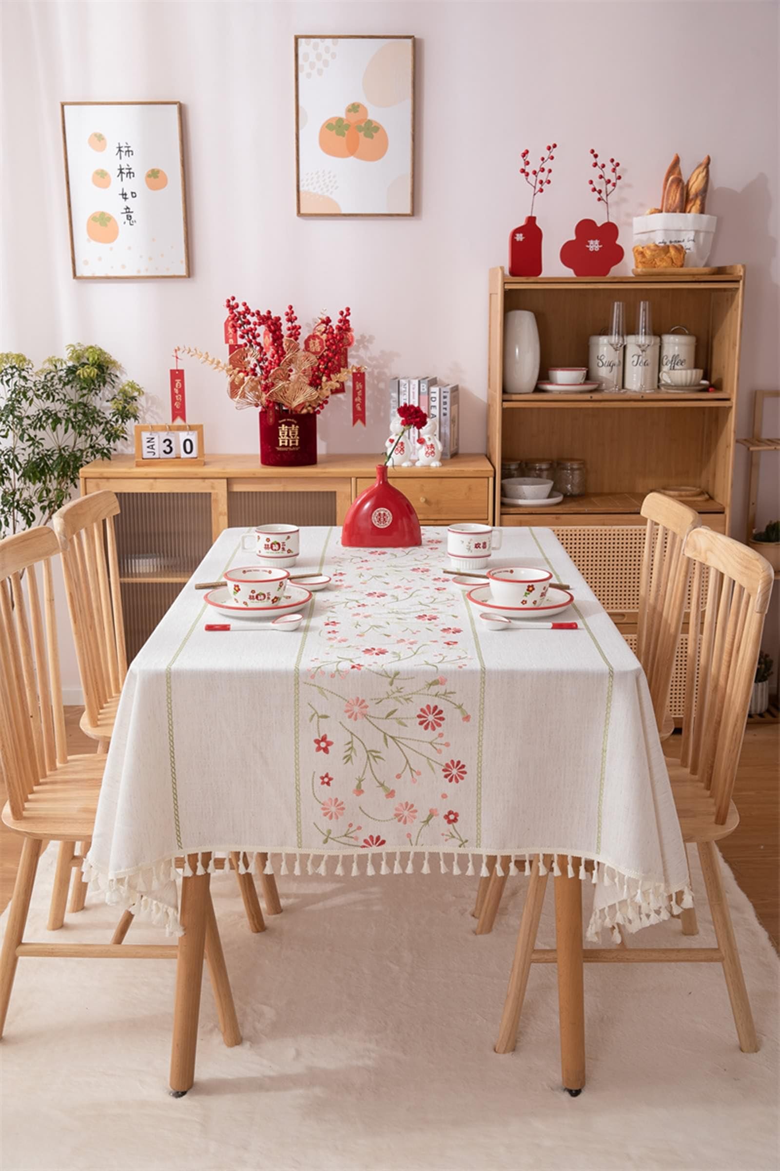 Tovaglia Decorativa Quadrata, Tovaglie 140 x 140 cm Motivo fiori centrali in Poliestere Tovaglia per Casa e Cucina, Tovaglia Elegante per PicnicBeigeStile 3