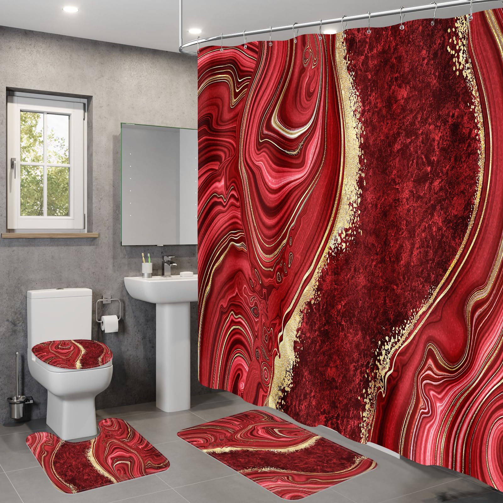 Juego de 4 cortinas de ducha de mármol rojo con alfombras, juegos de baño abstractos con cortina de ducha y alfombras, juego de cortinas de baño modernas con tapa de inodoro, accesorios para 3