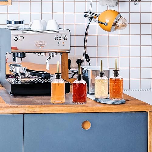 Miniatura 9 de Juego de 4 dispensadores de jarabe de vidrio, botellas de 7 onzas con boquillas de metal, tapones, cucharas para café, té, vainilla, caramelo, miel
