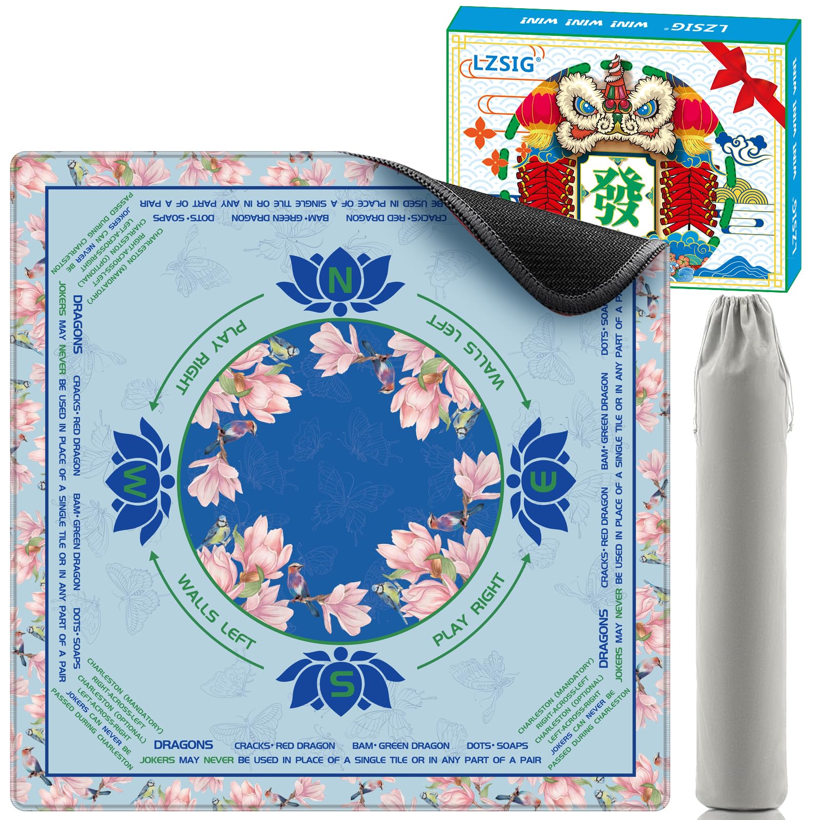 Mahjong Mat 33"x33" - Non-Slip Noise Reduction Gaming Mat with Beginner Rules for American Mahjong, Chinoiserie Butterfly & Bird & Lotus Artwork Waterproof Surface with Carry Bag for Game Nights, Gift