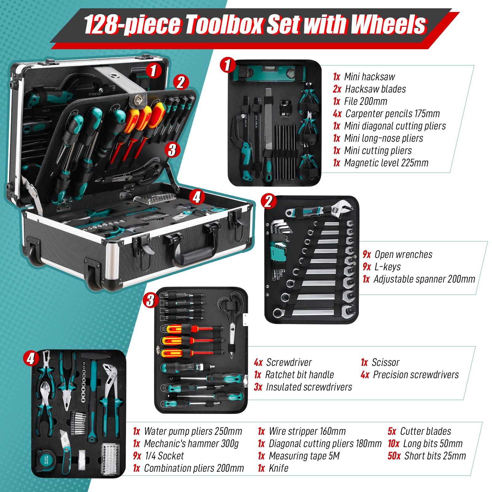 TLGREEN Set di attrezzi da 128 pezzi, con funzione trolley, cassetta degli attrezzi, cassetta degli attrezzi, cassetta degli attrezzi, portatile, per fai da te, maestri artigianali, officina