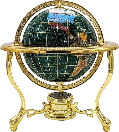 Unique Art - Globo de mundo con piedra preciosa de Crysbyite Ocean de 10 x 6 pulgadas, color verde con trípode dorado