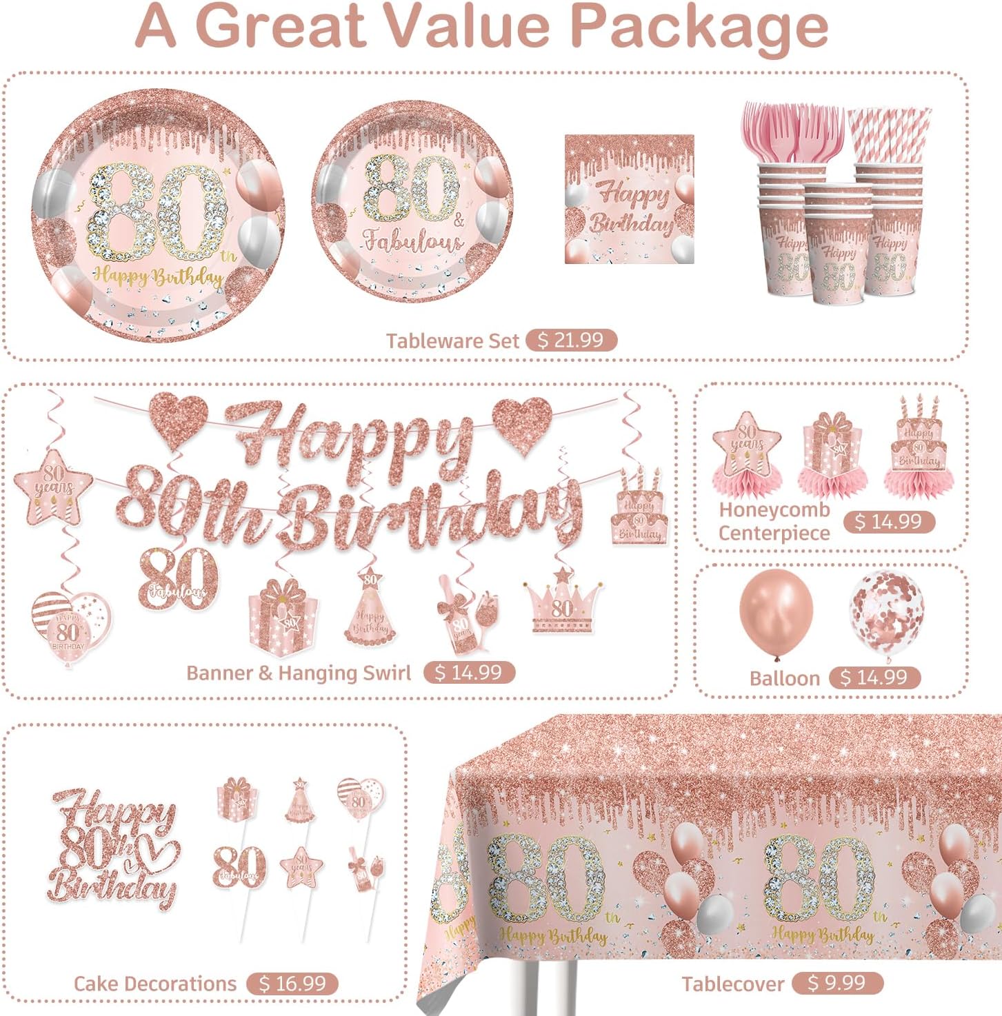 205pcs 80th Birthday Decorations for Women-25 Guests,Disposable Tableware Set with Banner, Balloons, Cake Cupcake Toppers, Plates, Cups, Napkins, Tablecloth– Easy Assembly 80th Birthday
