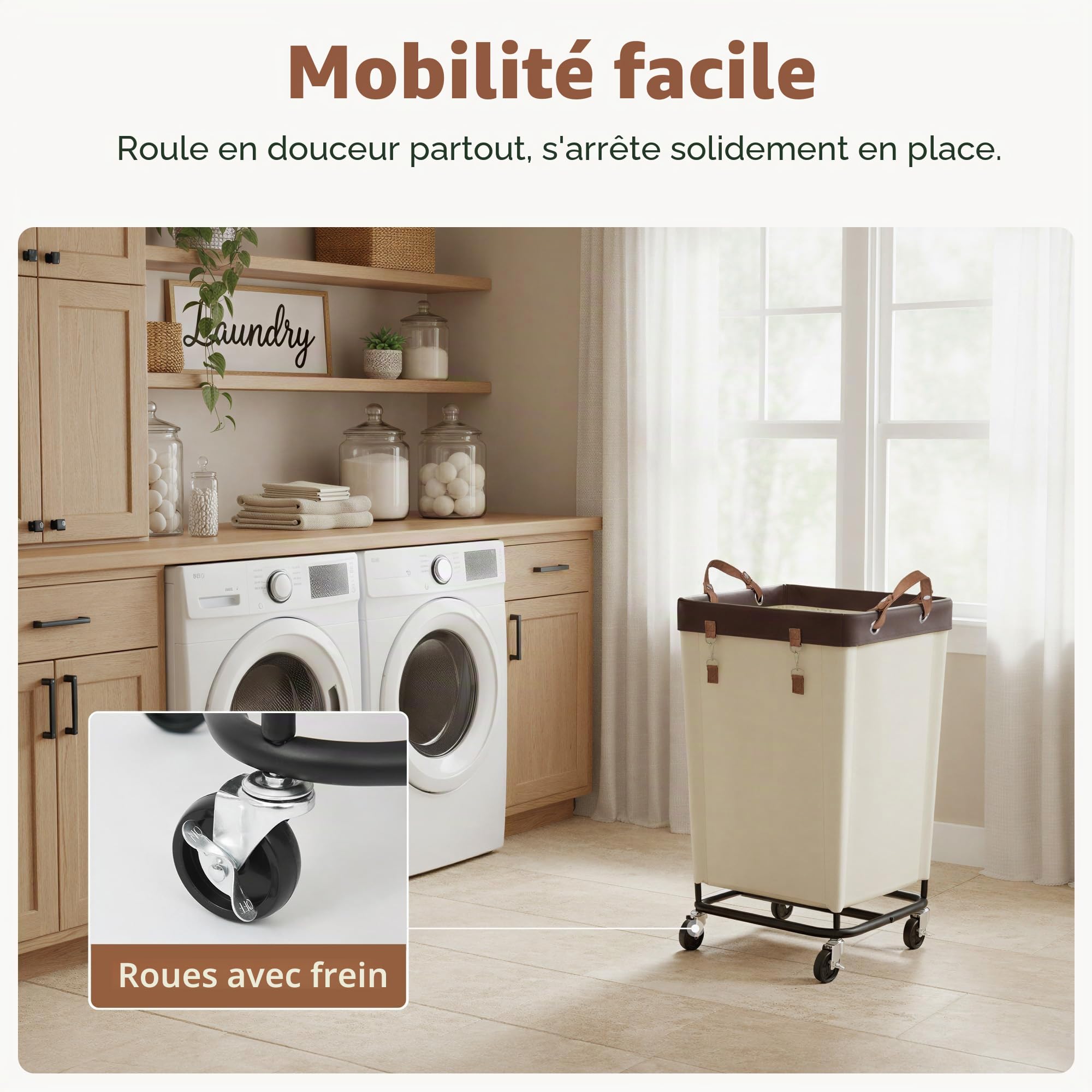 StorageWorks Panier à linge 160L avec roulettes, grand panier roulant pour organisation du linge, panier à linge sale pour hôtel, maison, placard, dortoir, beige blanc