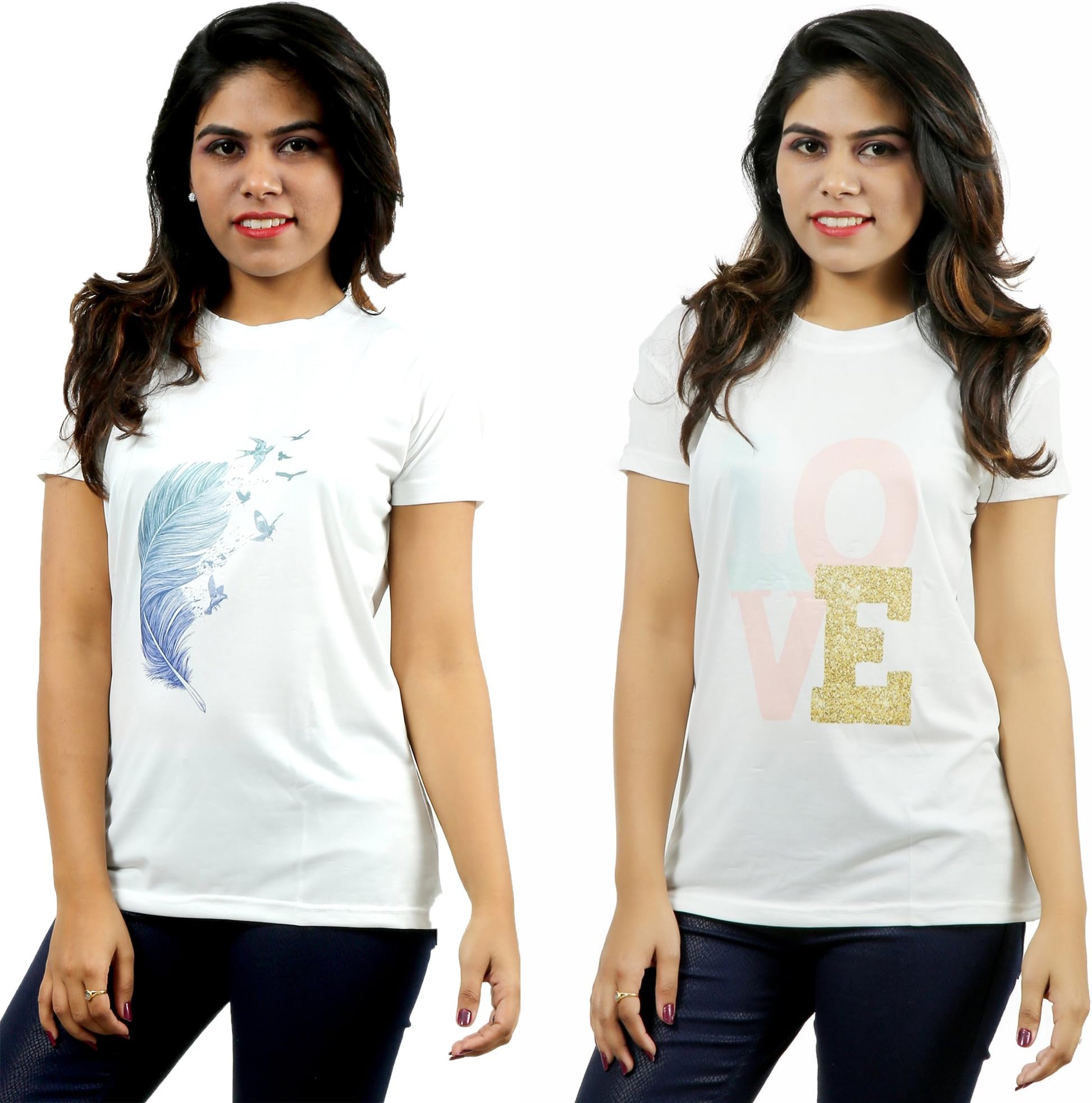 Active BasicLycra Women's White Printed T Shirts Pack of 2