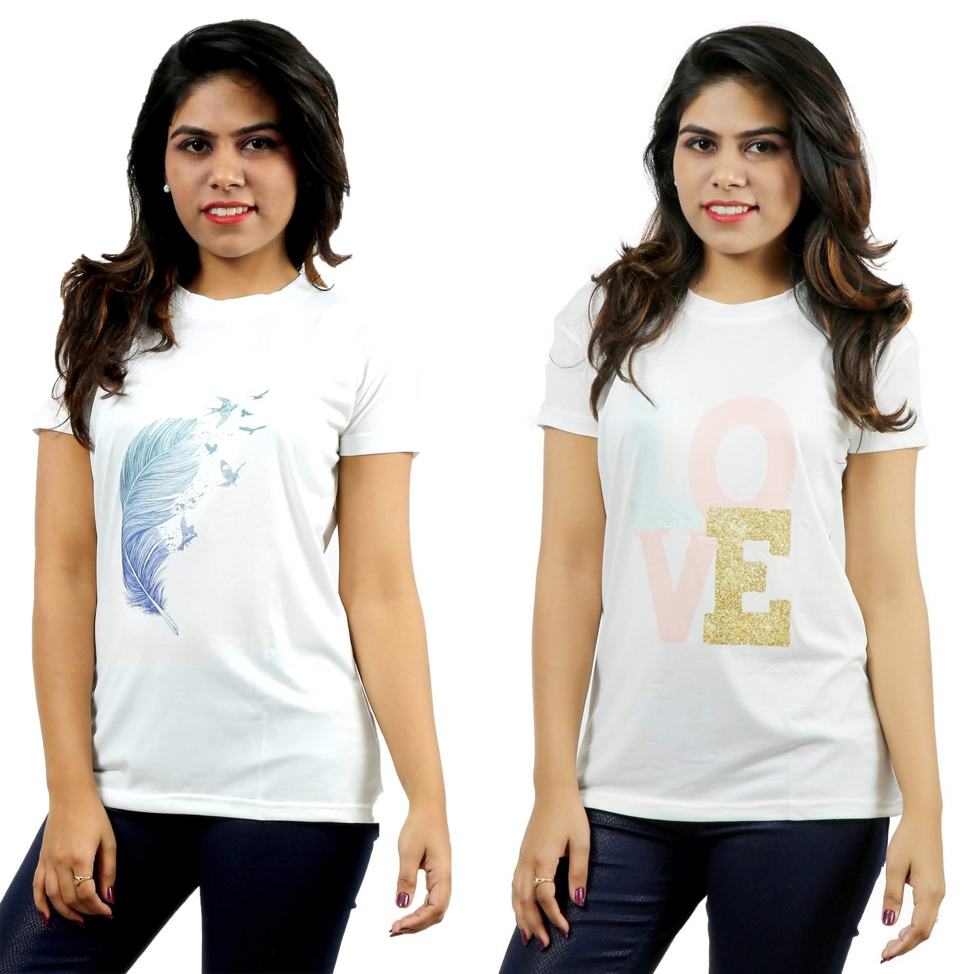 Active BasicLycra Women's White Printed T Shirts Pack of 2