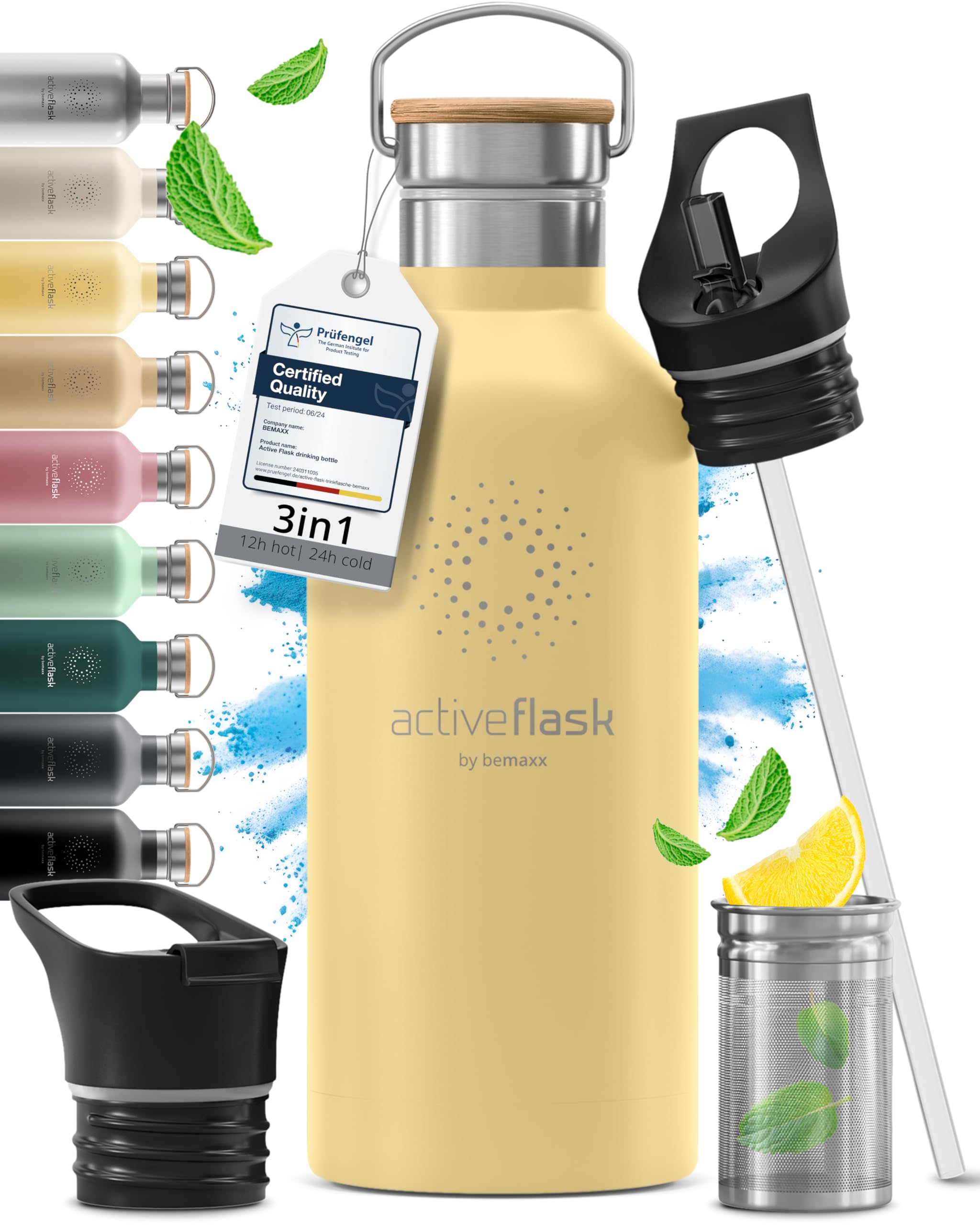 Trinkflasche Edelstahl mit Strohhalm, Infuser + 3 Deckel: BPA-frei, Auslaufsicher, Kohlensäure geeignet - Wasserflasche Fahrrad Thermosflasche Isoliert Isolierflasche Sport Wasser Flasche Kinder Tee