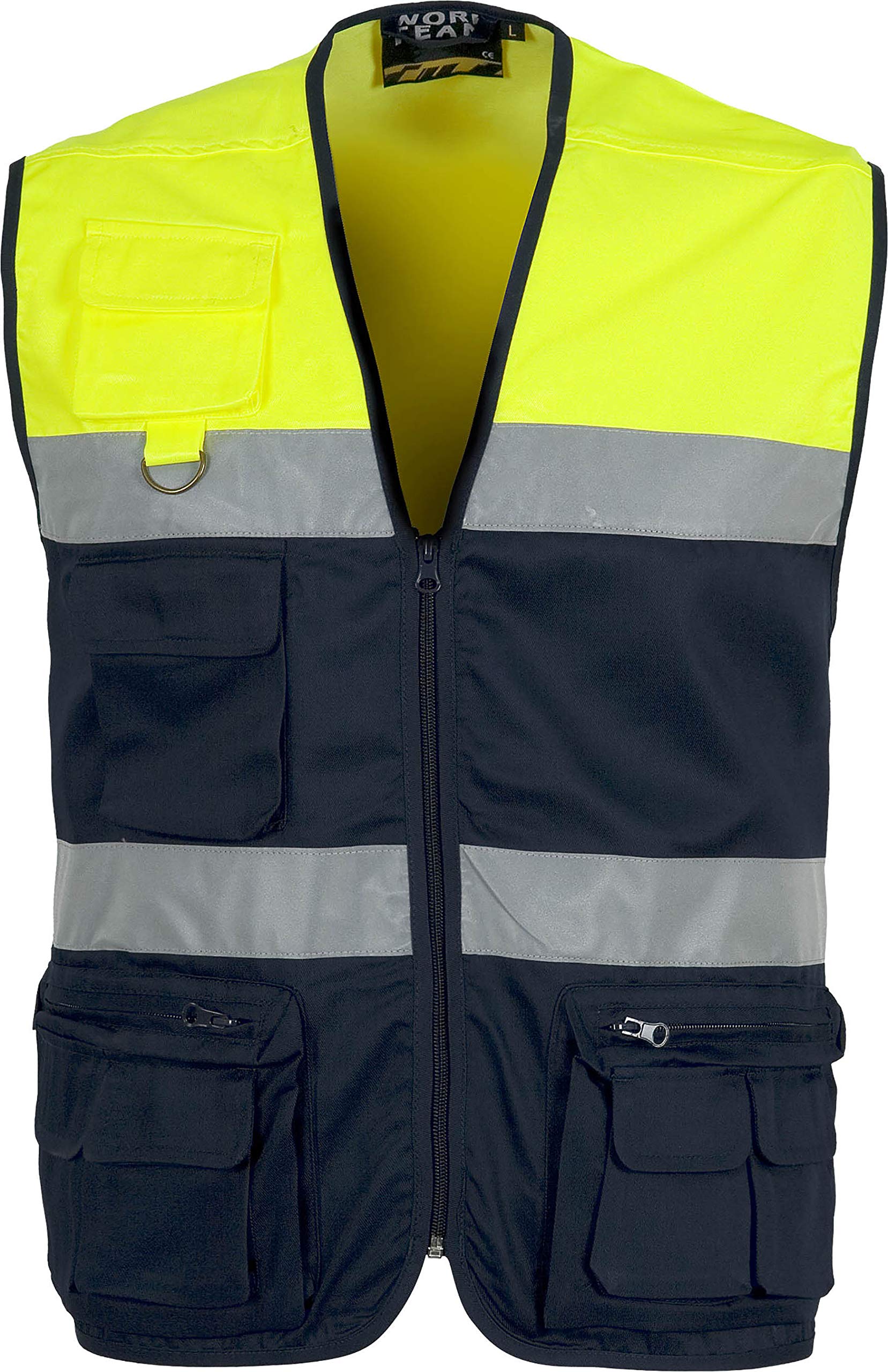 WORKTEAM Chaleco de Trabajo, Tipo Safari, Alta Visibilidad con 2 Cintas Reflectantes, Multibolsillos. Unisex