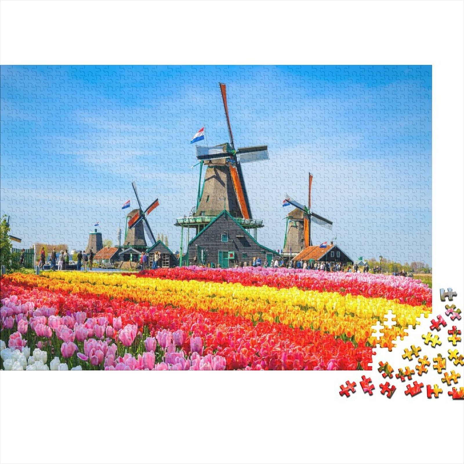Dutch Windmill 1000 Piece Jigsaw Puzzle Recyclable Tulip Field Puzzles for Elderly Family Gaming Time Props Relieve Senile Dementia Great Gift 38x26cm/1000pcs