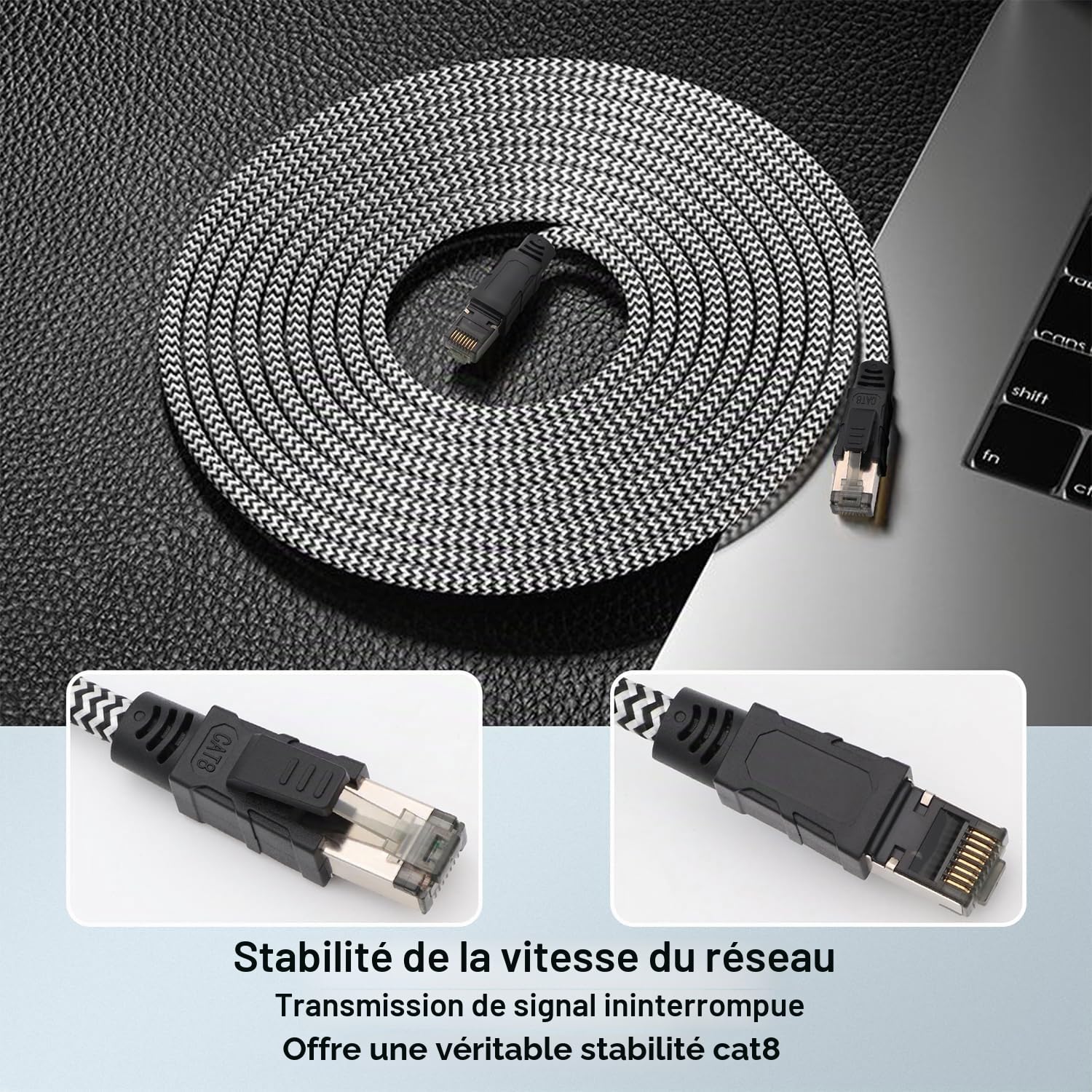 Cat 8 Câble Ethernet,30M Nylon 40Gbps 2000MHz Câble Ethernet Haute Vitesse, Cordon de Brassage S/FTP Avec Connecteur Rj45 Nickelé Pour Ps5 / Ordinateur Portable/Routeur/Jeux/Modem
