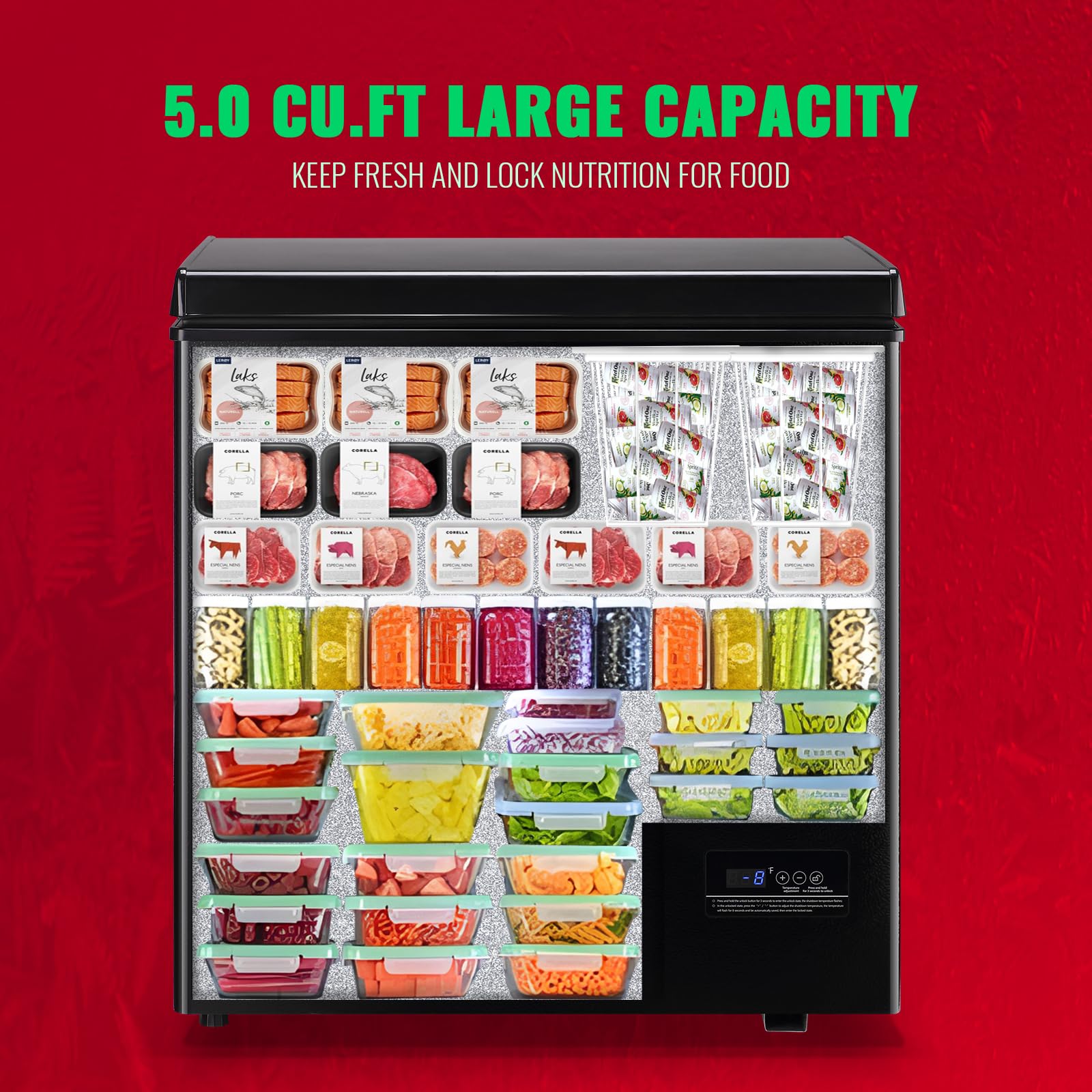 Chest Freezer 5.0Cubic Feet Deep Freezer Freestanding Freezers with 2 Removable Stainless Steel Basket, Mini Freezer Top Open Door Compact Freezer with Electronic Control 41℉ to -15℉BLACK