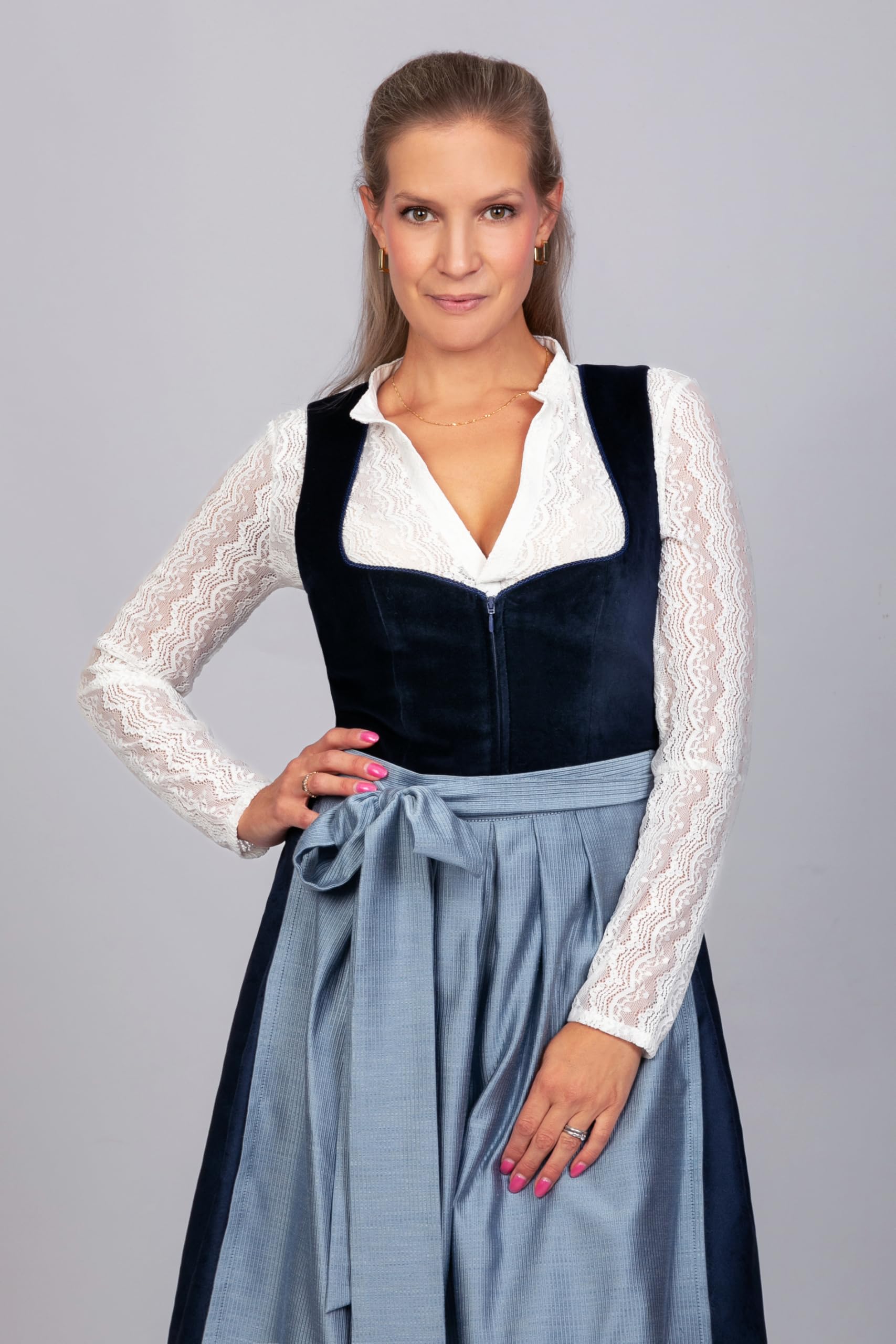 Edelnice Trachtenmode Exklusives Designer Midi Dirndl Luna Samt blau inkl. Dirndlschürze