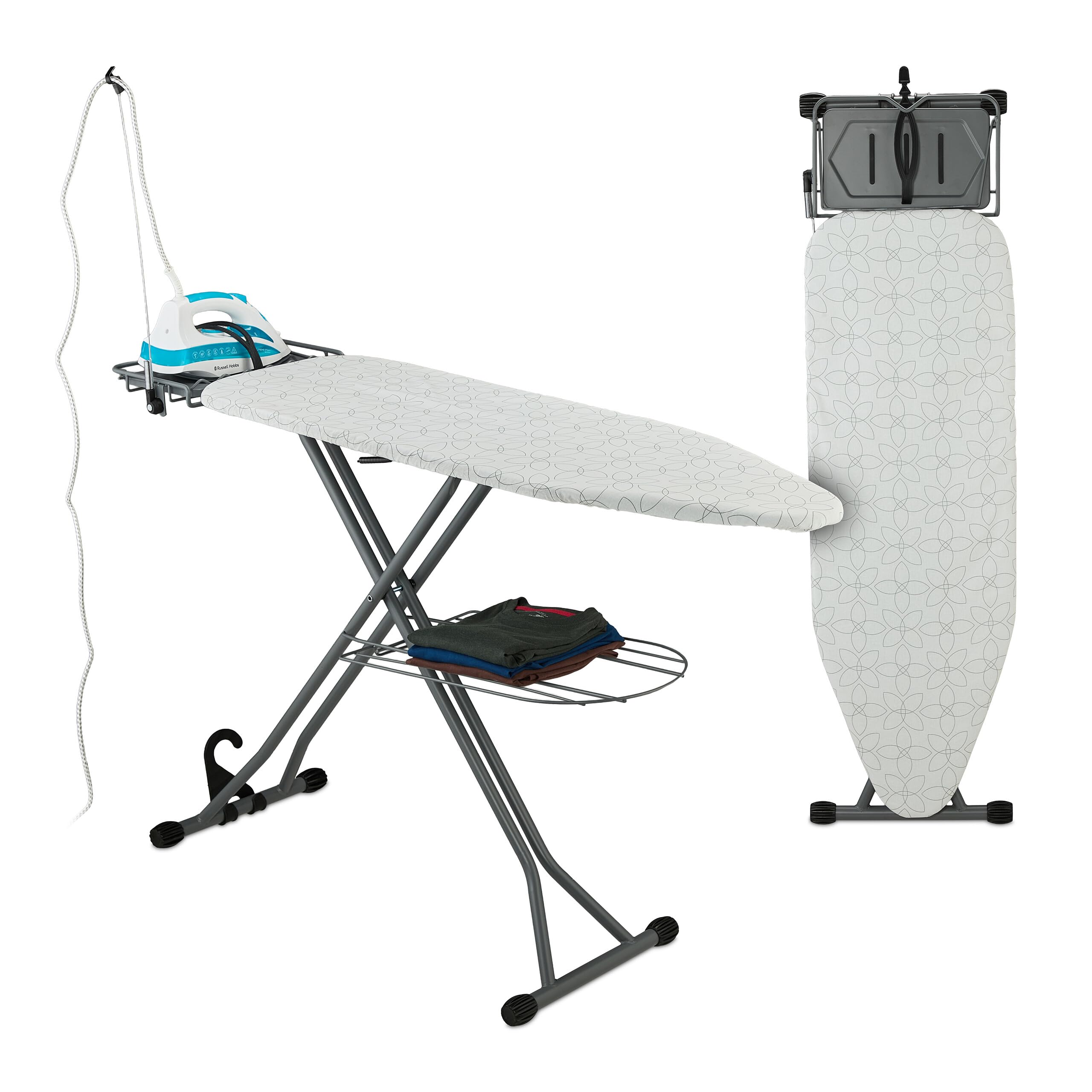 Relaxdays ASSE da Stiro Pieghevole, Tavolo Ferro a Vapore, Piano per Stirare Salvaspazio 123x39 cm,Copriasse, Argento