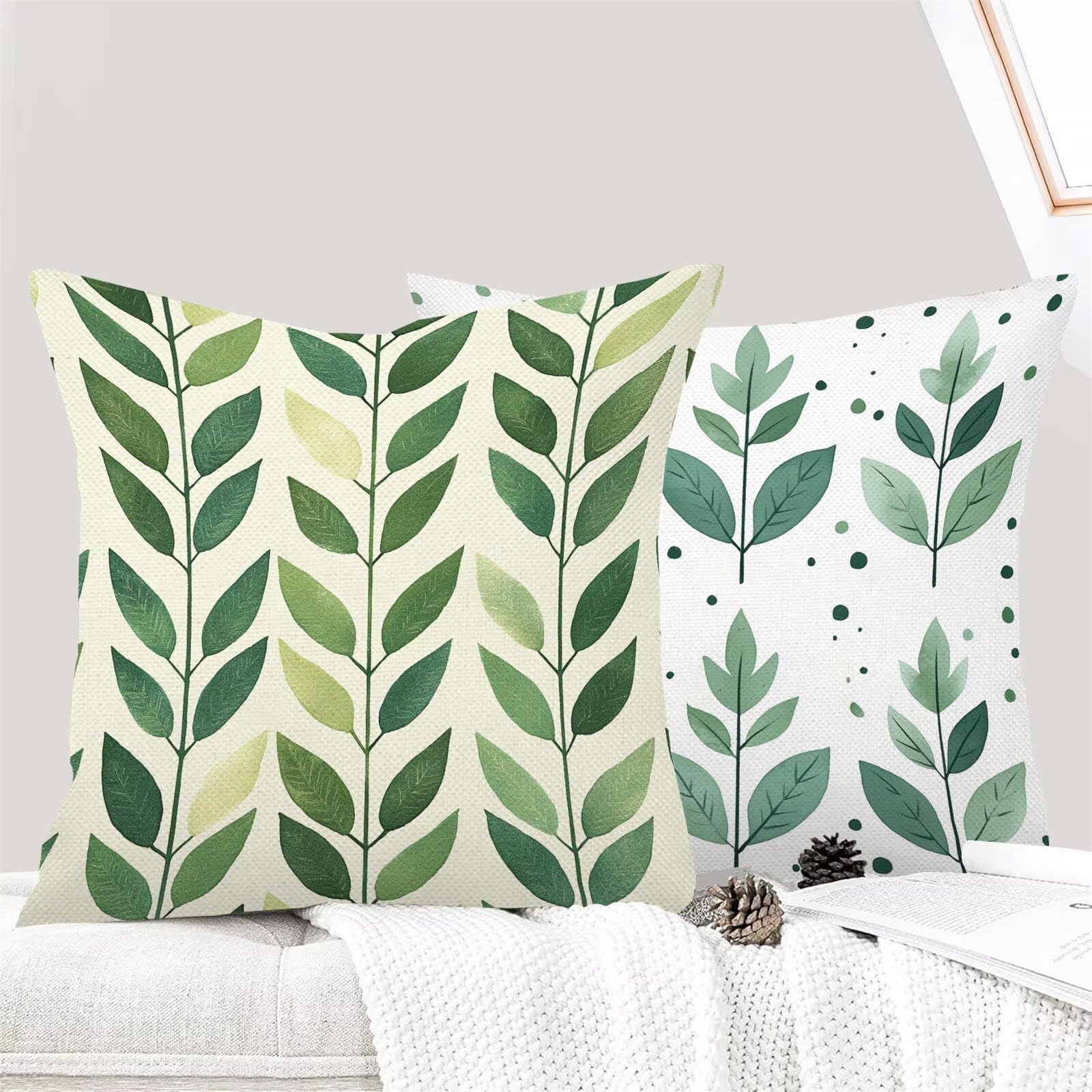 Fundas Cojines 70 x 70 cm Juego de 4 Cojines Exterior, Verde Hojas (3) Lino Impermeable Sofa Fundas Cojin de para Sofá, Sala, Estar, Jardín, Coche, Decoración Del Hogar, con Cremallera Oculta m-425
