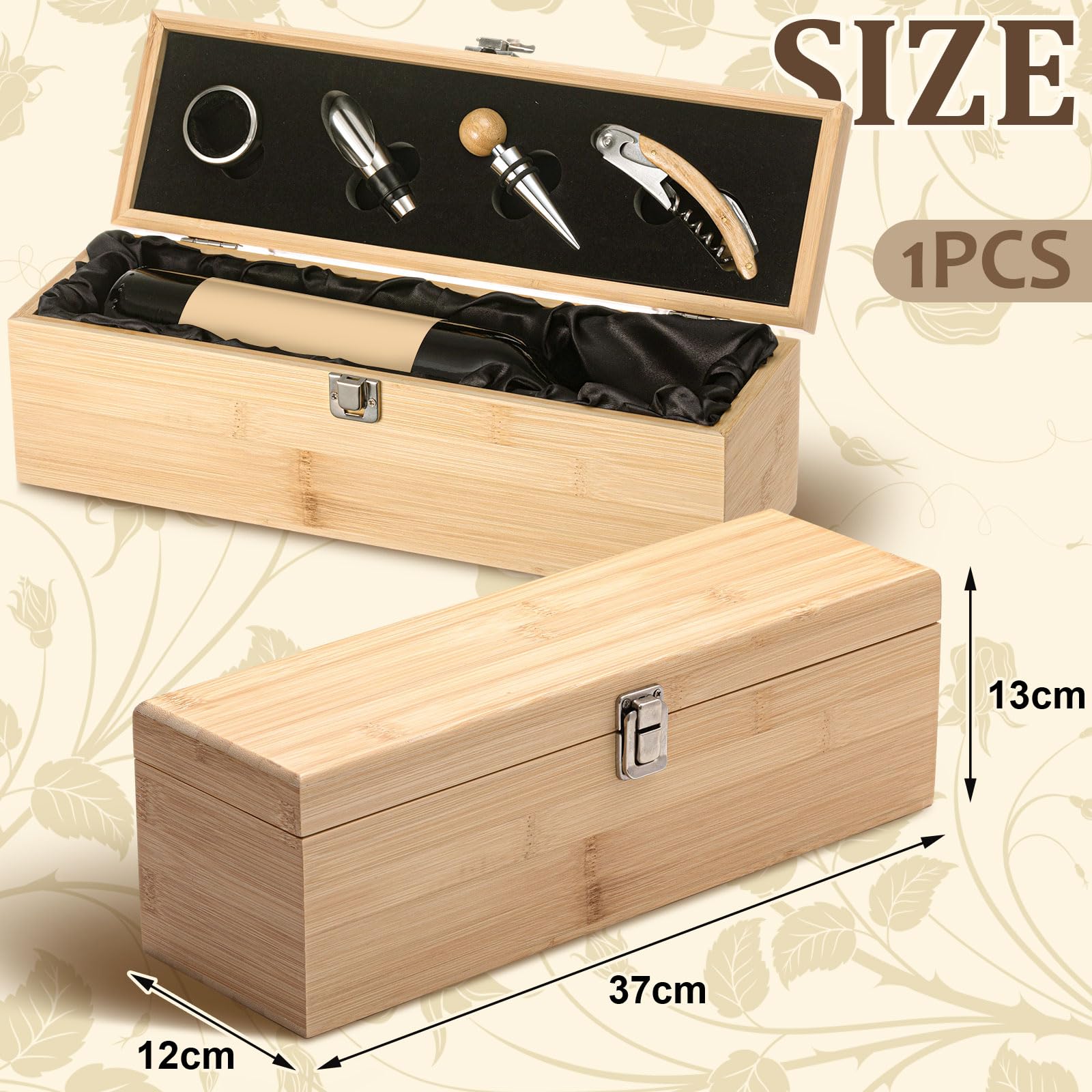 Cajas de regalo de vino de madera, caja de vino con juego de 4 accesorios, soporte de botella individual de madera retro, caja de regalo de Navidad, estuche de almacenamiento para amantes de 2
