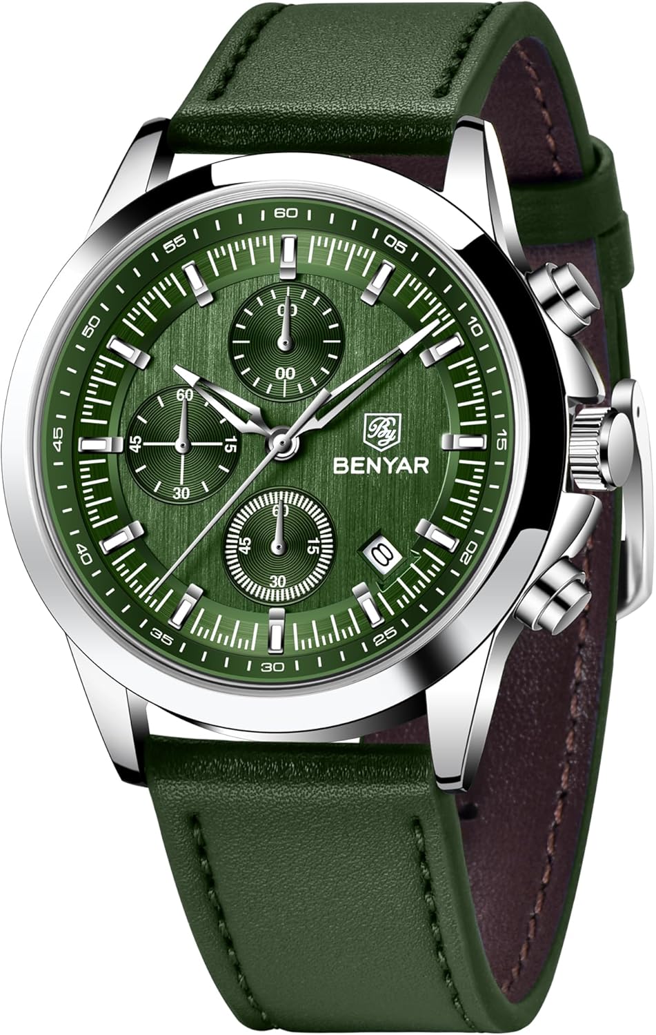BENYAR Mens Watches Analog Quartz Chronograph Waterproof Wrist Watches for Men Luminous Fashion Business Casual Sport Elegant Dress Watch with Calendar Stainless Steel/Leather Strap