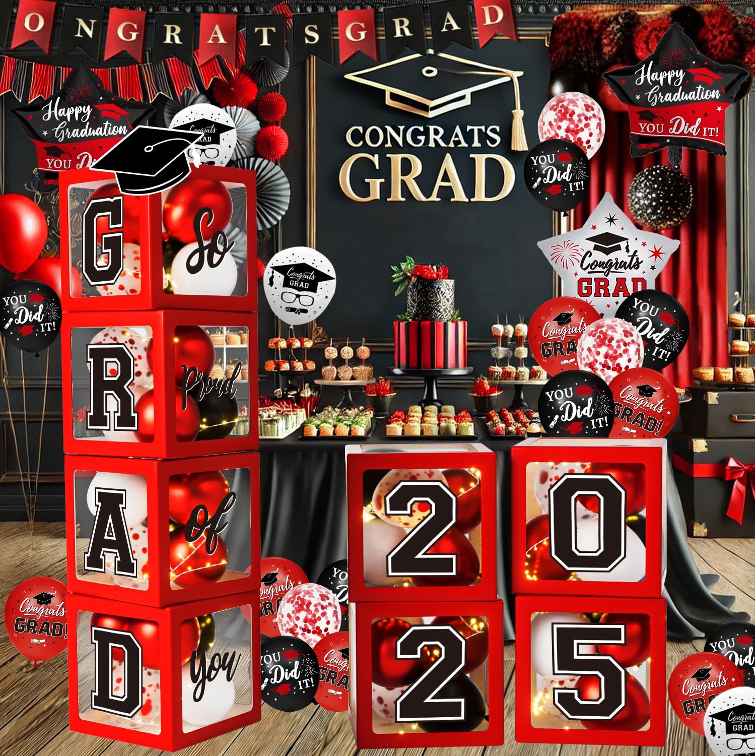 Graduation Decorations Class of 2025 - Red and Black Graduation Decorations - Balloons Boxes with Letters 2025 GRAD So Proud of You, Congrats Grad Party Decorations for Any Grades