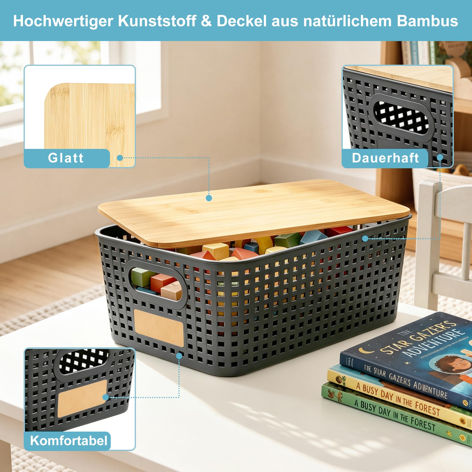 Bagnizer Contenitori portaoggetti in plastica con coperchi in bambù, impilabili, contenitori decorativi per dispensa, graziosi con etichetta per organizzare scrivania, armadio, ufficio, grigio, da 6
