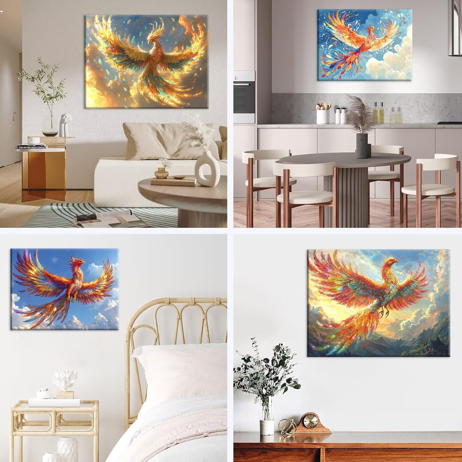 Zestaw 4 diamentowych obrazów dla dorosłych, 5D DIY Phoenix diamentowe zestawy do malowania, okrągły diament kryształowy dla dzieci początkujący zestaw do haftu artystycznego do dekoracji ścian domu