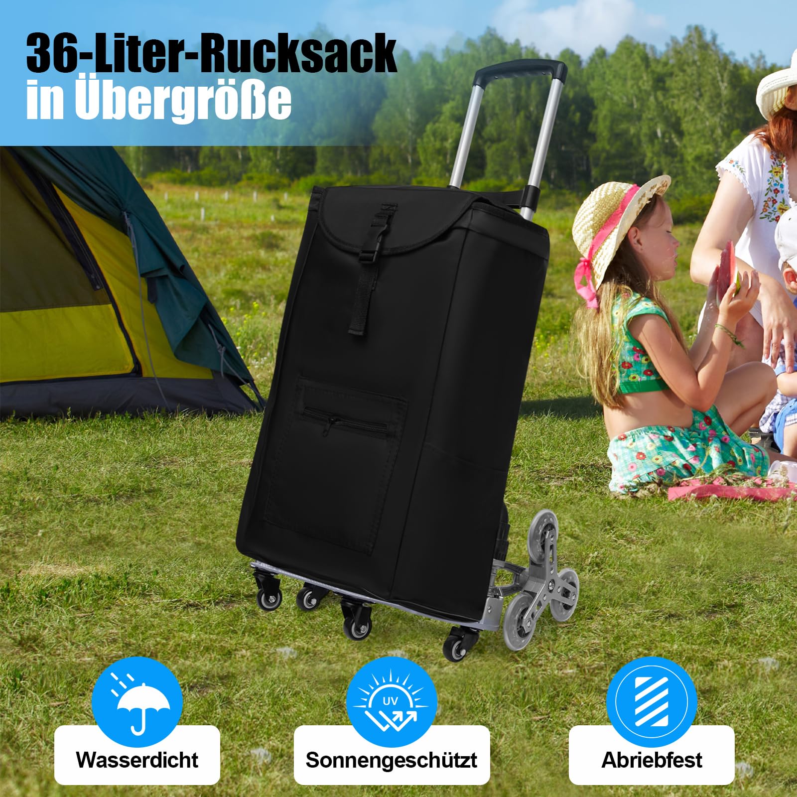Einkaufstrolley Treppensteiger Sackkarre Bis 75KG, Treppensackkarre Klappbar Extra Langer Teleskopgriff 100cm mit wasserdichte Canvas Tasche Elastisches Seil Stumme Anti-Rutsch-Räder