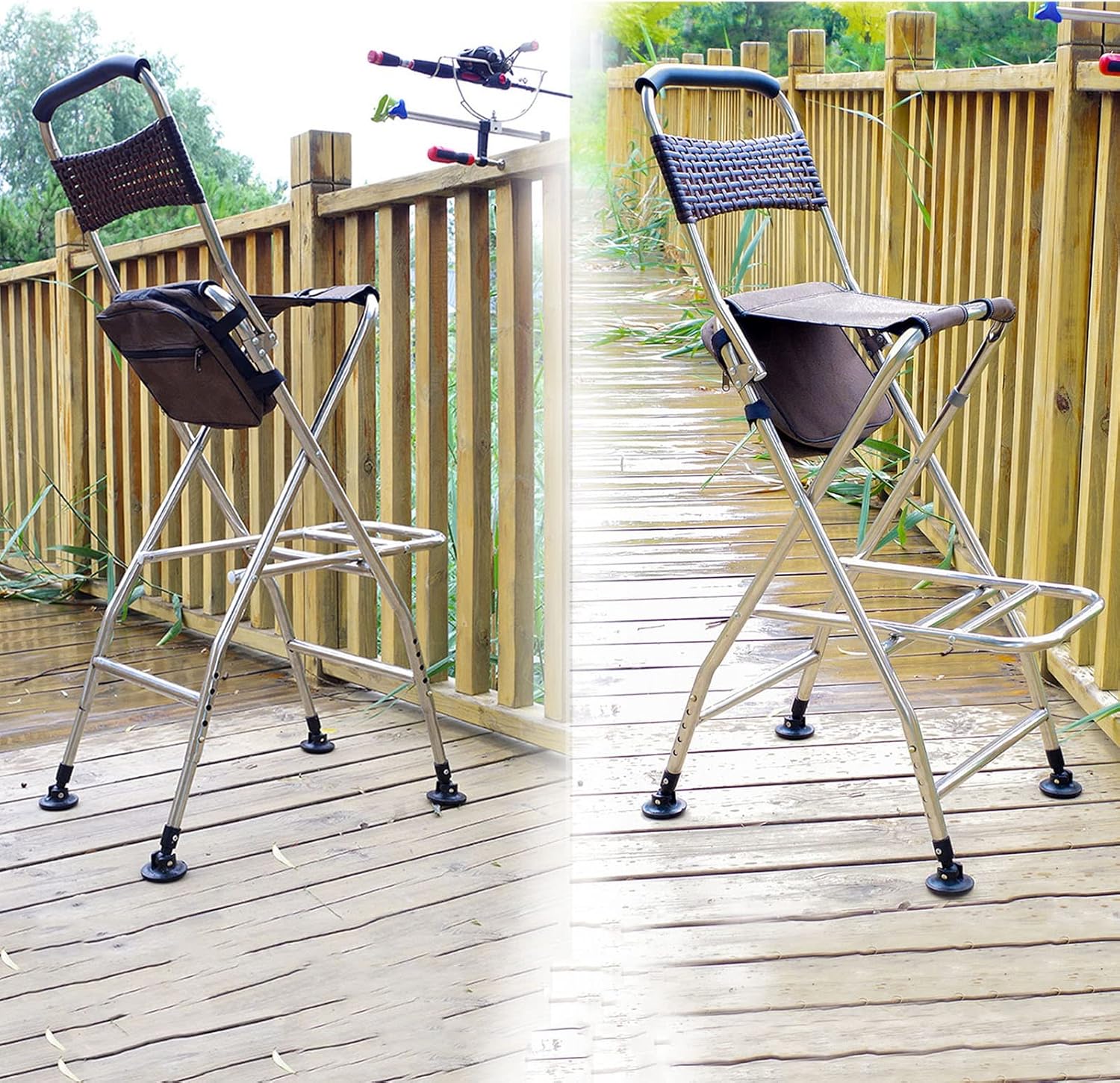 Folding Stool with Back, Heavy Duty Collapsible Stool for Adults Portable,Indoor Outdoor Tall Bar stools with footrest for Kitchen Outdoor Travel (Brown)