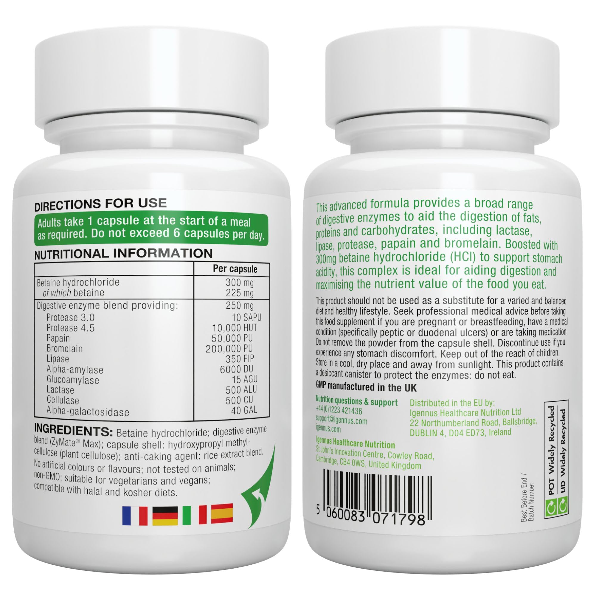 Enzymes Digestives & Bétaïne HCl, 90 Capsules, Complexe Avancée de 10 Enzymes Digestives compris Bromélaïne, Papaïne, Lactase, Lipase, Formule Pure et 100% Végétale - par Igennus