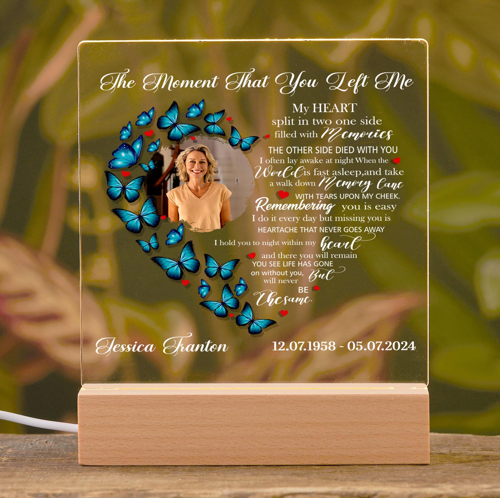 ukgiftstoreonline Personalised Photo Memorial Lamp Night Light Condolence Sympathy Gift Heart Butterfly