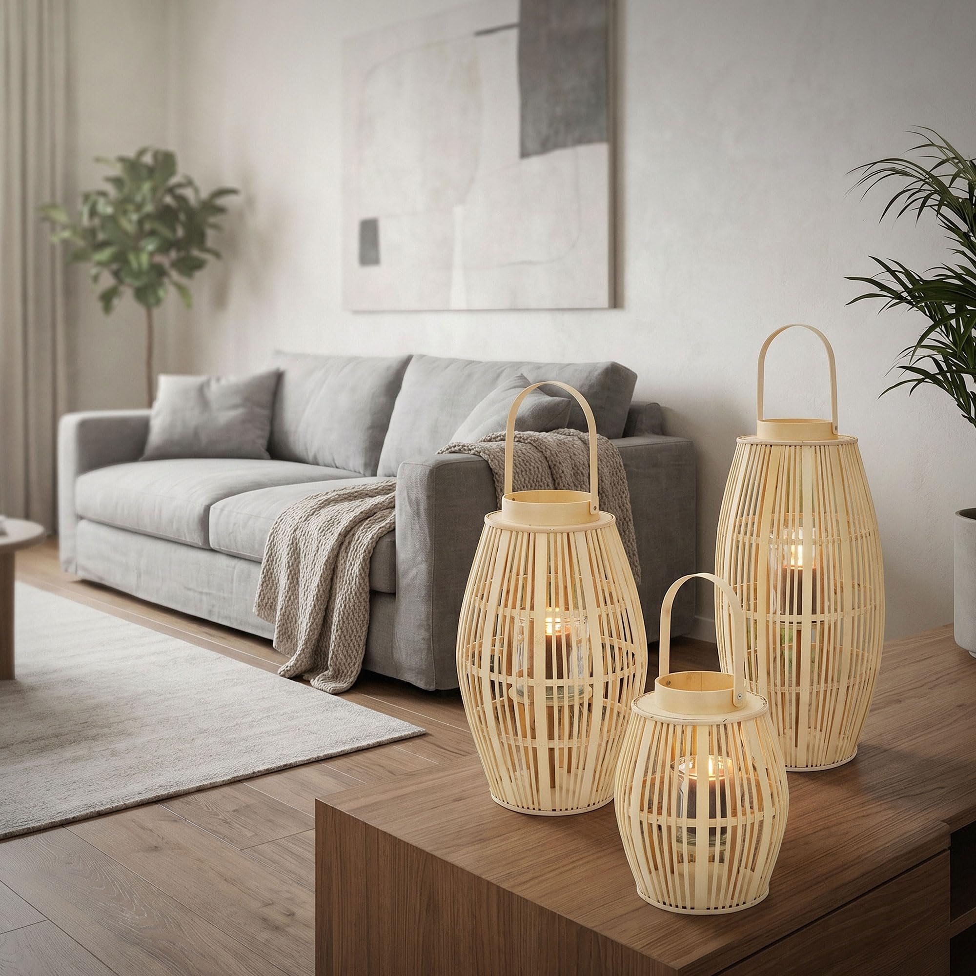 ECD Germany Linterna de Bambú de Madera, 44cm de Altura, Portavelas de Jardín con Asa y Inserto de Cristal, Farolillo de Estilo Boho, Lámpara Colgante Interior/Exterior Decorativo para Terraza, Balcón