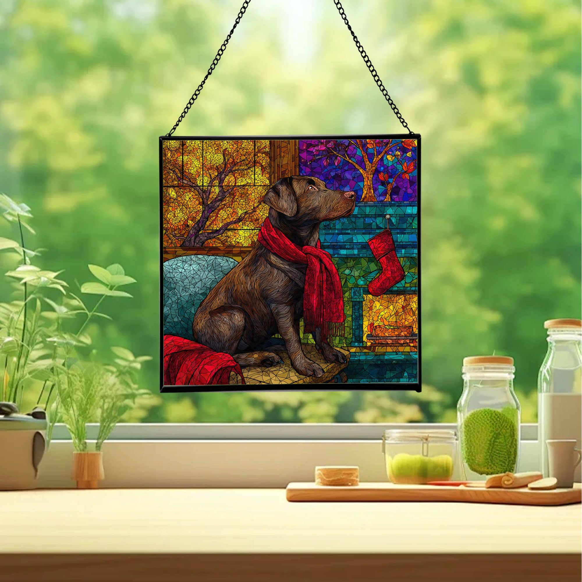Labrador Retriever Christmas Stained Glass Suncatcher – Square Hanging Holiday Window Panel with Cozy Fireplace Scene – Winter Glass Art Decoration Gift for Animal Lovers, Pet Owners nwNDzA