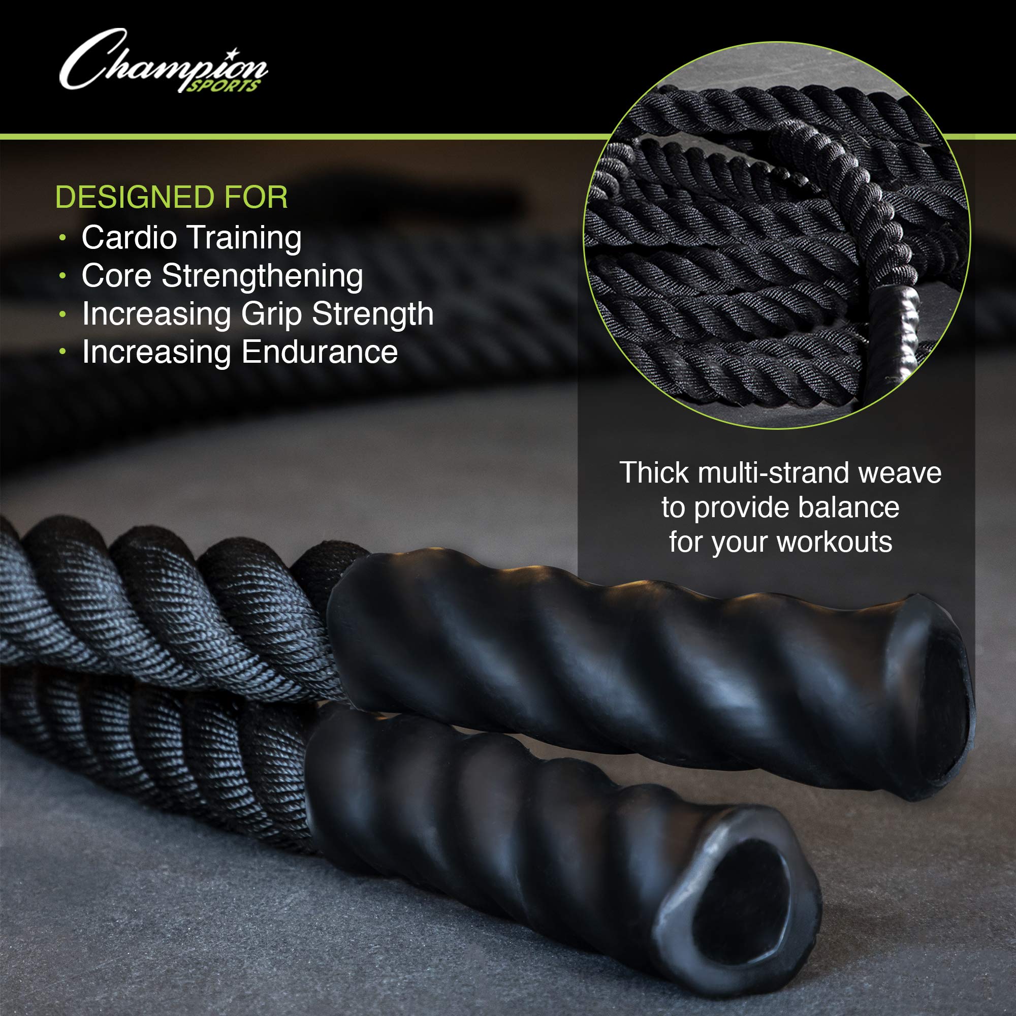 Champion Sports Heavy Training Rope: Rhino Poly Strength & Conditioning Heavy Gym Battle Ropes - Cardio, Cross Training, Weight Training & Crossfit