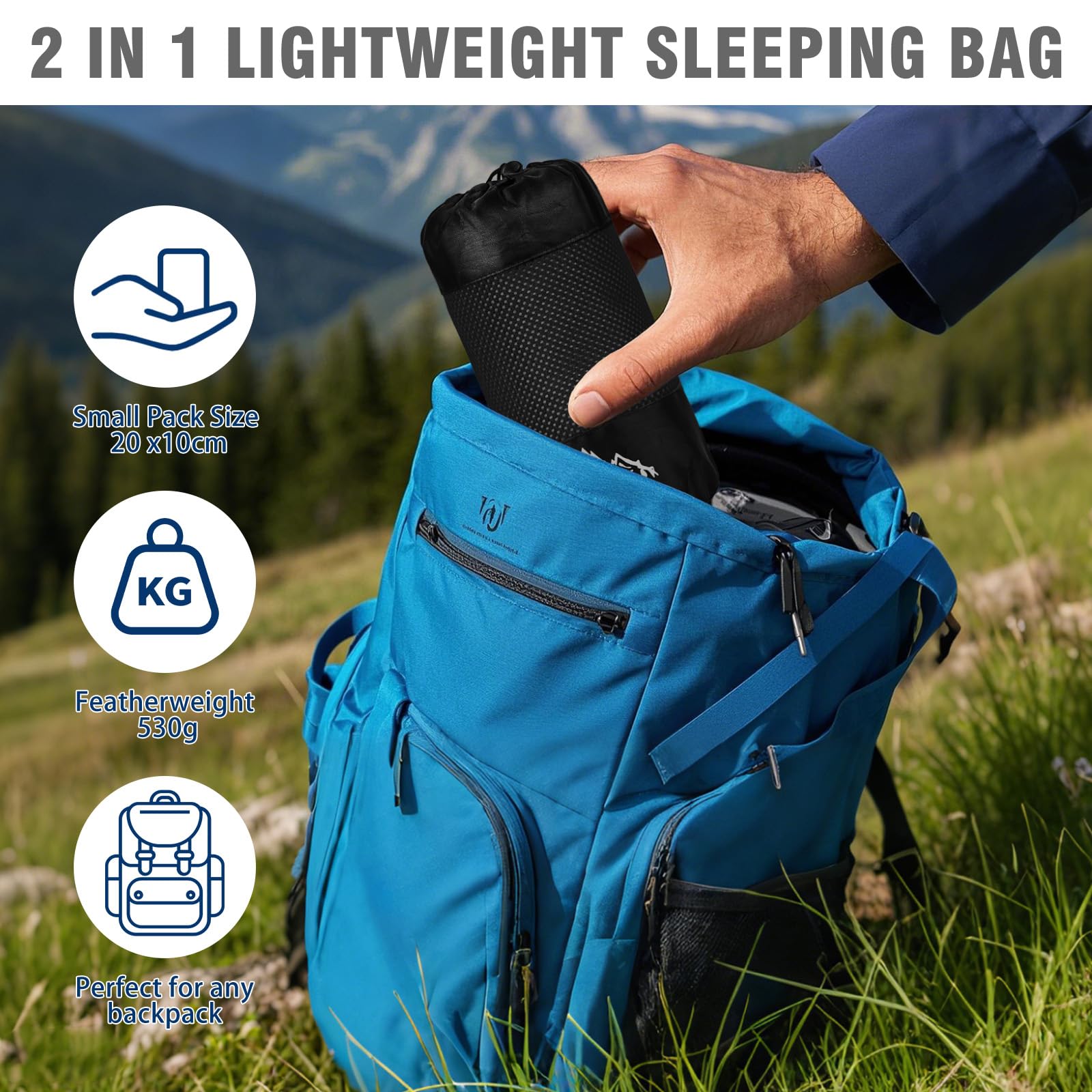 Hüttenschlafsack Baumwolle, Ultraleichter Reise-Schlafsack, Reiseschlafsack mit Zwei Wege Reißverschluss Hüttenschlafsack Baumwolle aus Mikrofaser mit Kissenfach für Camping Wandern
