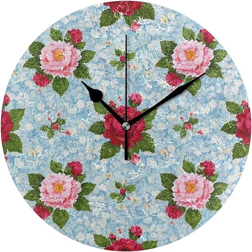 Pink Red Vintage Floral 10 Inch Round Wall Decor Clock Non Ticking Art for Hotel Bathroom Farmhouse relojes de pared para cocina