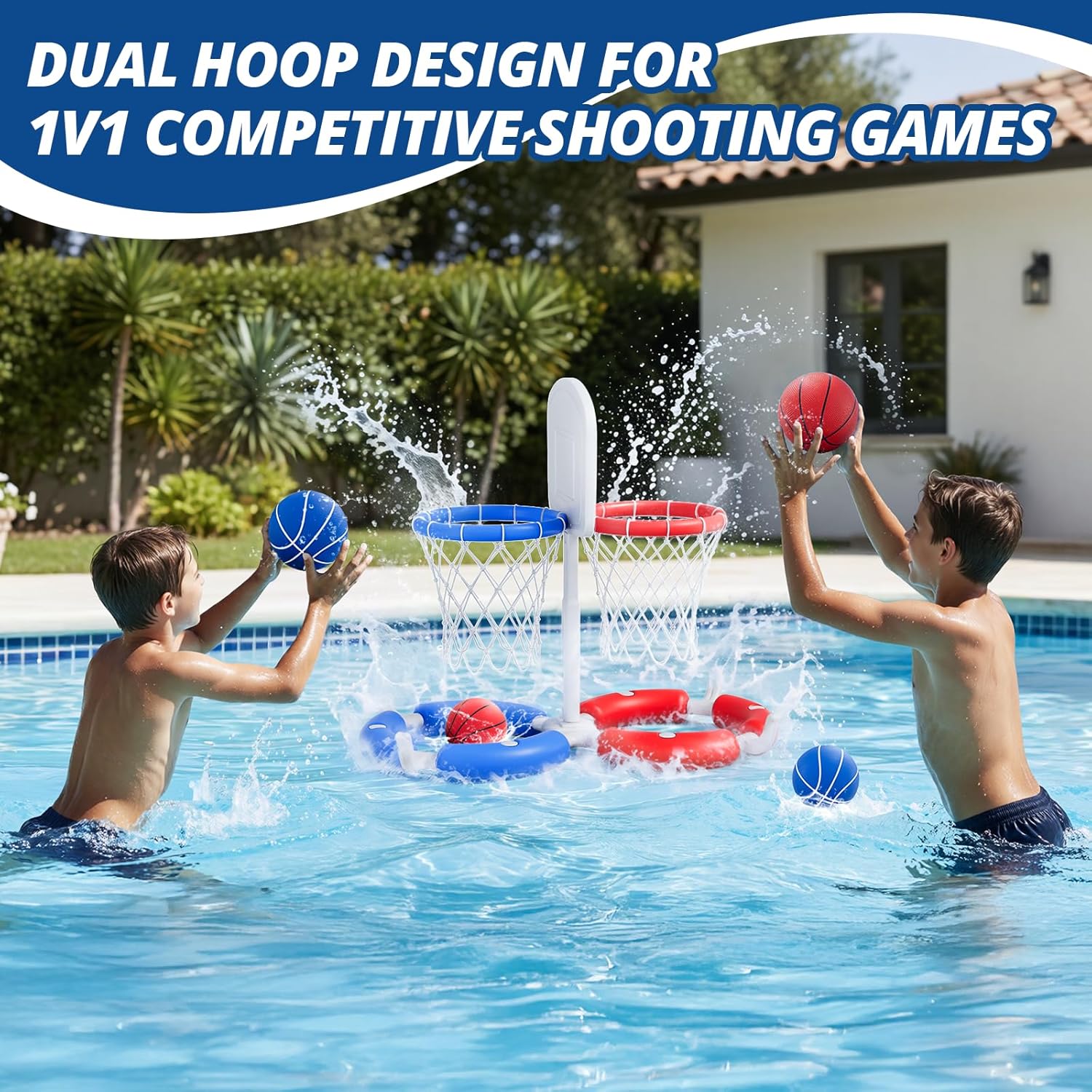 Double Pool Basketball Hoop with Backboard, 2-in-1 Floating Pool Toys Ring Toss Game, 2 Player Games Summer Outdoor Water Toys Gifts for Kids Ages 4-8 8-12 & Adults, Family Swimming Pool Party