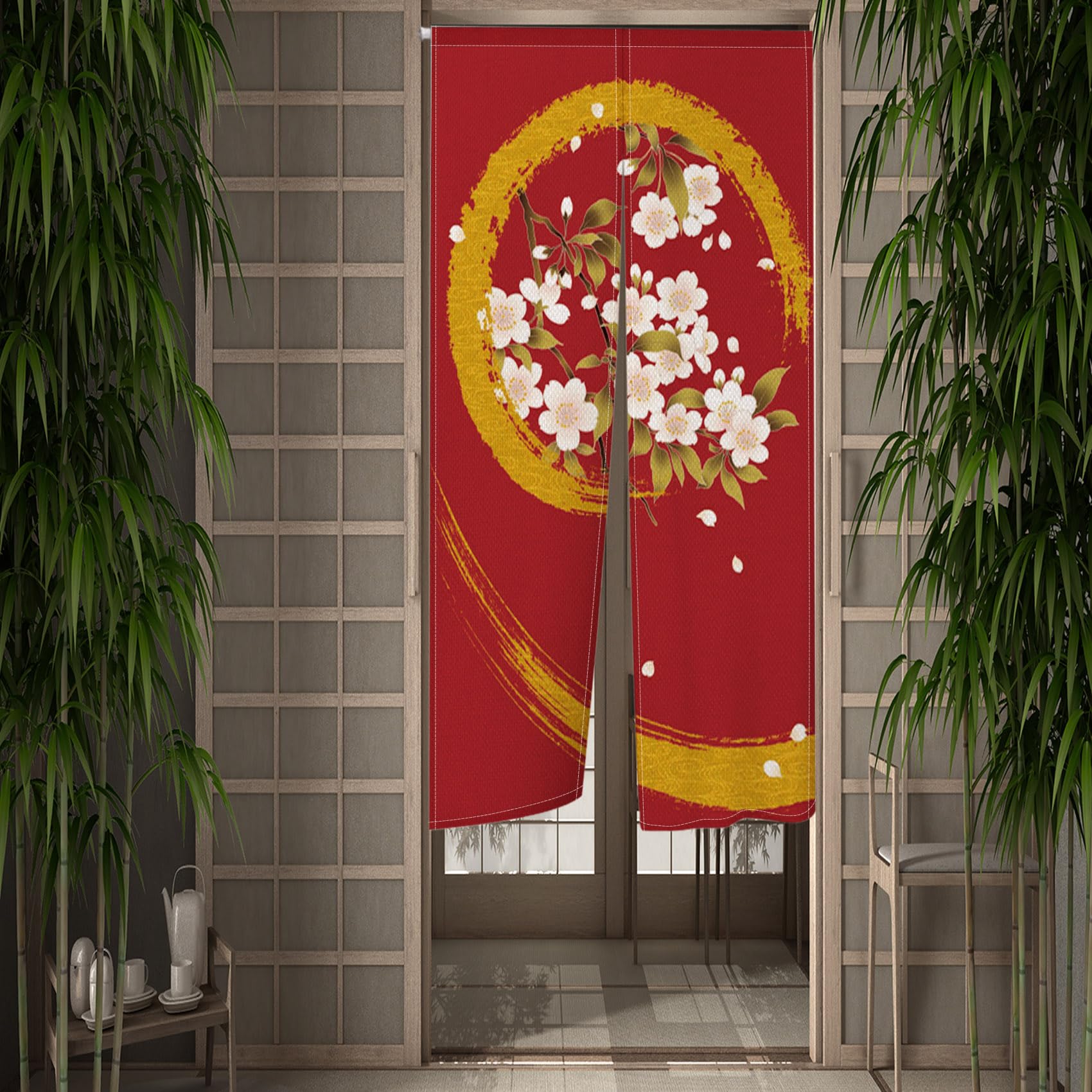 紅い花柄の暖簾 Amazon｜Qinunipoto のれん 和風 桜の花の柄 赤い色 暖簾 幅85×丈170cm