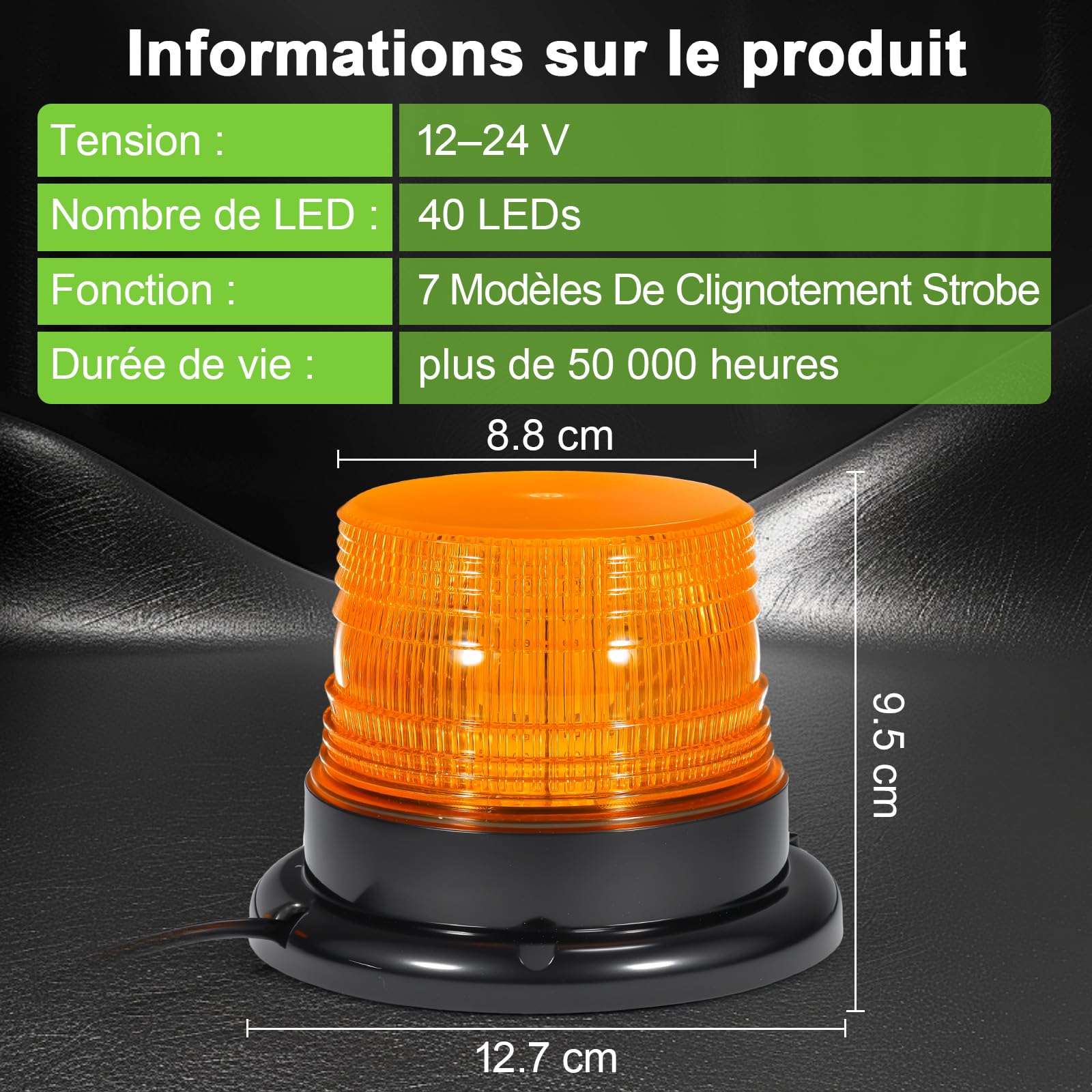 Gyrophare LED Magnétique Orange 12-24V pour Tracteur, Lot de 2 | IP67 Étanche, Câble 4,8 m Allume-Cigare, 7 Modes de Flash, pour Chantier et Camion