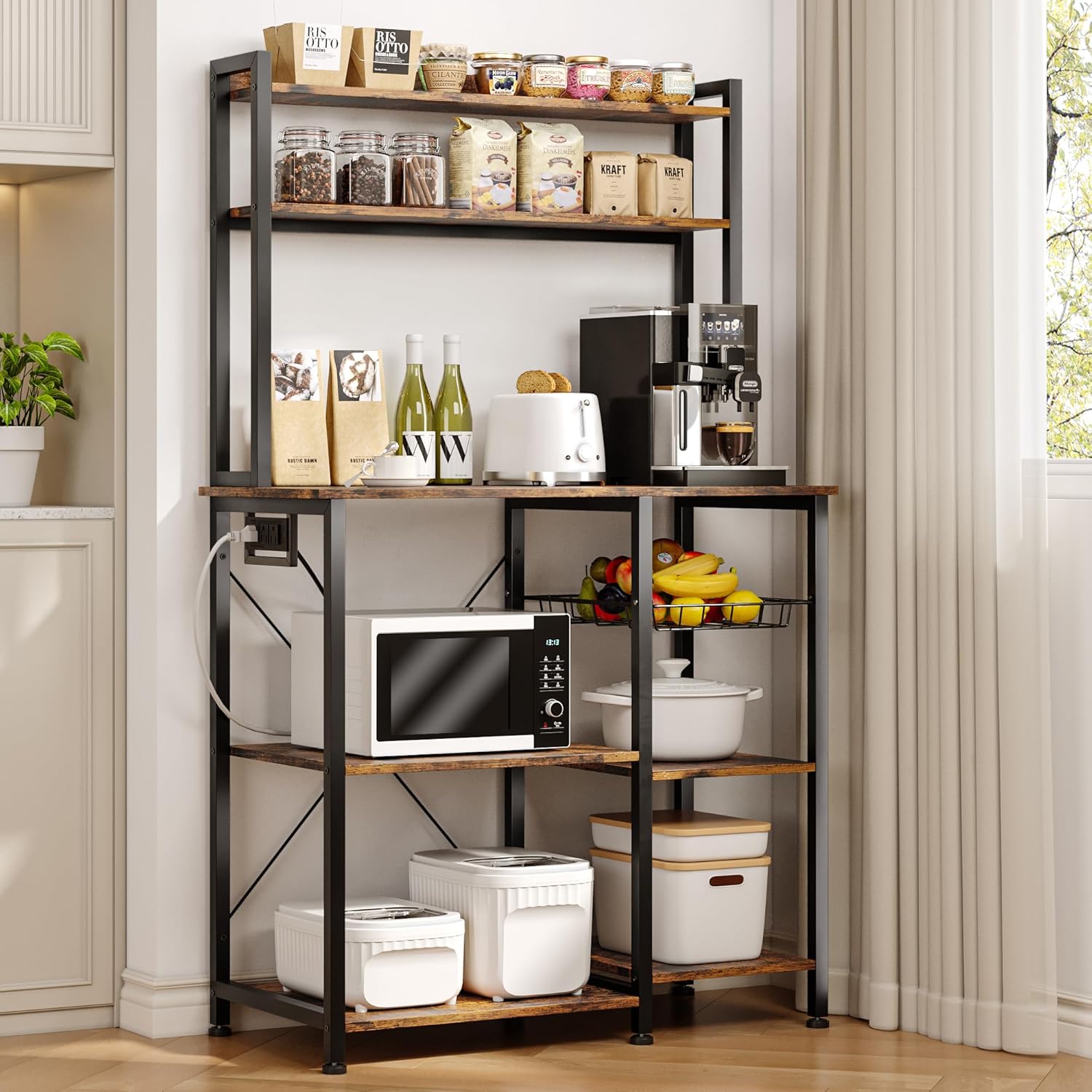 Bakers Rack with Power Outlet, 35.4'' Coffee Bar with Wire Basket, Microwave Stand with Storage and Adjustable Feet, Versatile Kitchen Shelves for Pantry, Home Organization, Rustic Brown
