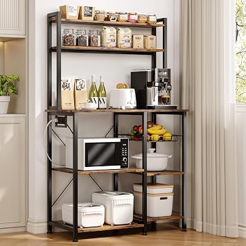 Einhomn Bakers Rack with Power Outlet, 35.4 Coffee Bar with Wire Basket, Microwave Stand with Storage and Adjustable Feet, Versatile Kitchen Shelves for Pantry, Home Organization, Rustic Brown