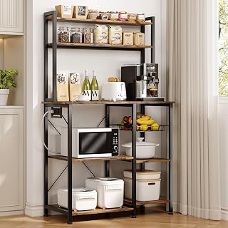 Einhomn Bakers Rack with Power Outlet, 35.4'' Coffee Bar with Wire Basket, Microwave Stand with Storage and Adjustable Feet, Versatile Kitchen Shelves for Pantry, Home Organization, Rustic Brown